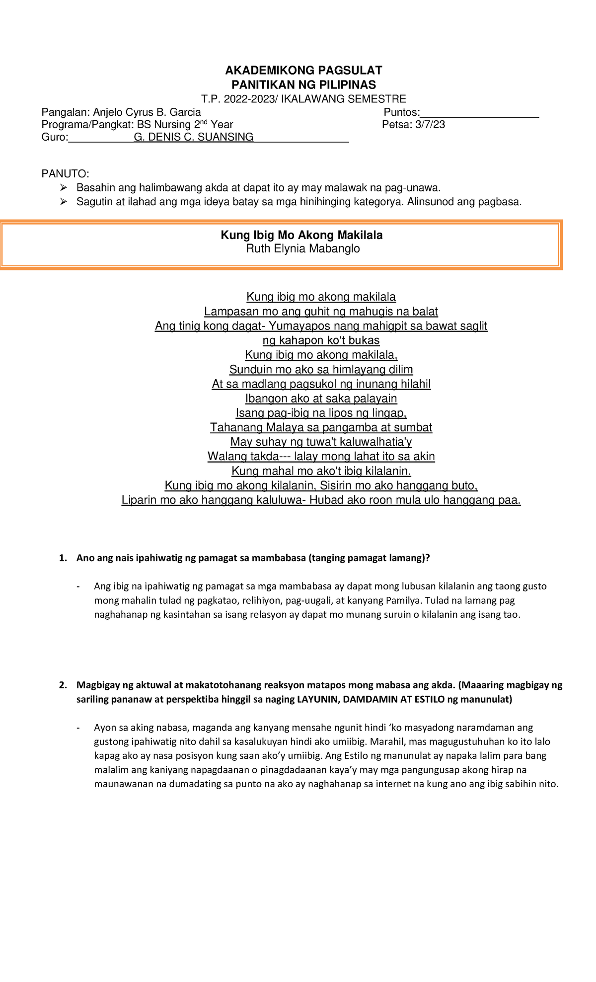 Unang Pagsusuri - I need this for my report - AKADEMIKONG PAGSULAT ...