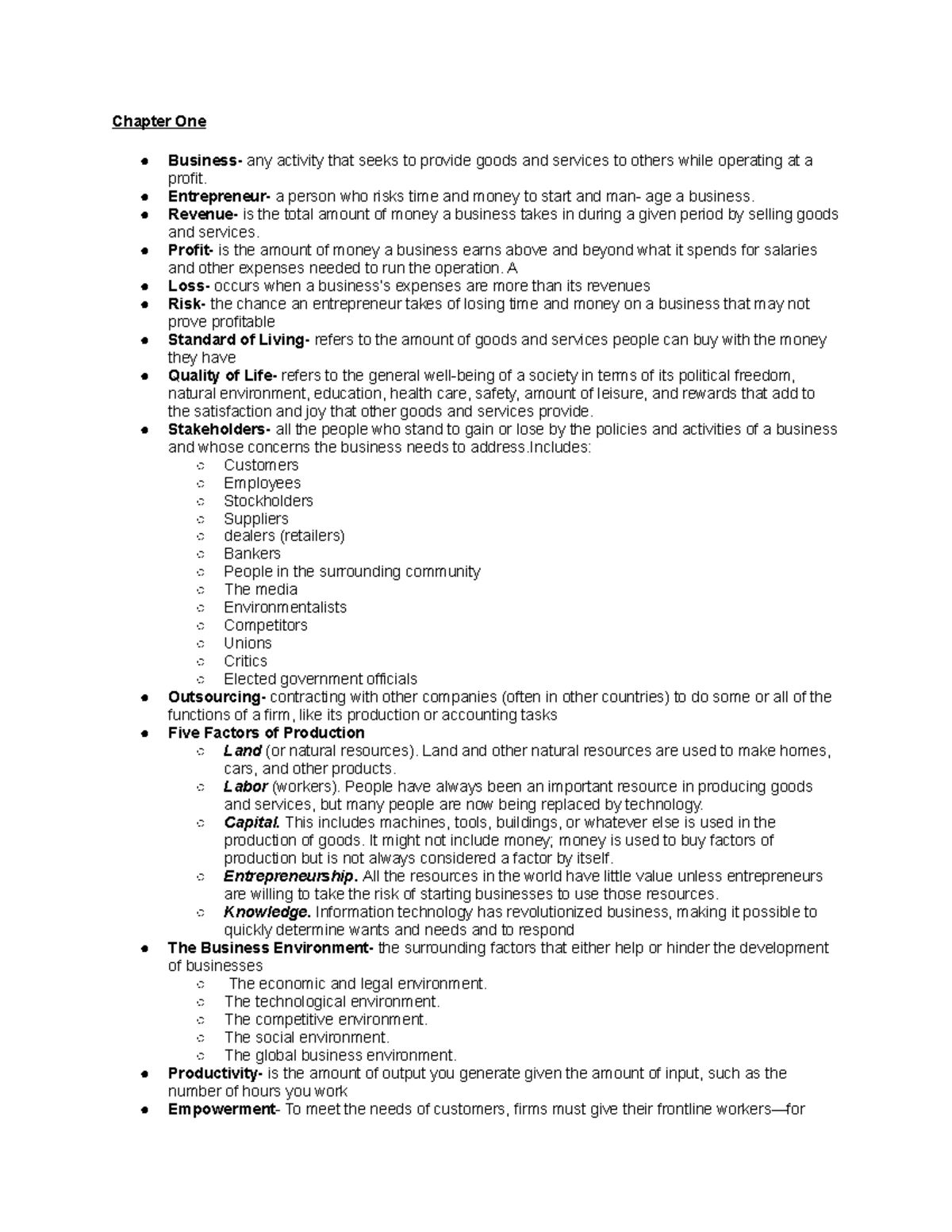 MGG Textbook Terms - Chapter One Business- any activity that seeks to ...