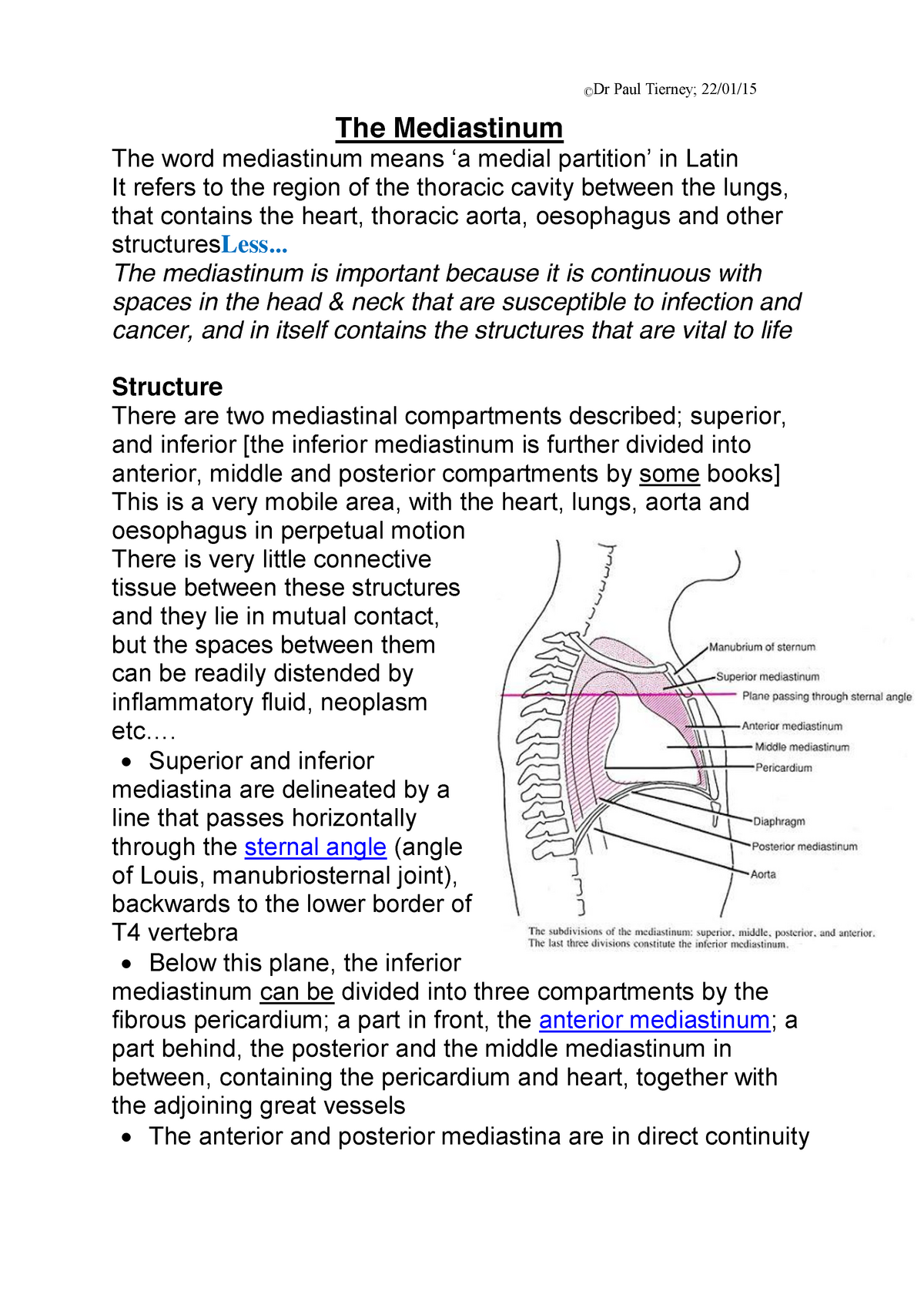 Anatomy of the Mediastinum - ©Dr Paul Tierney; 22/01/15 The Mediastinum The  word mediastinum means - Studocu