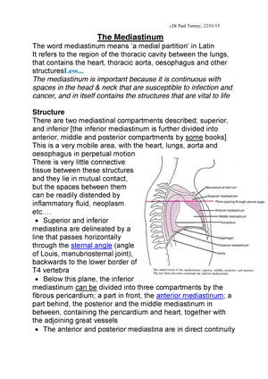 Anatomy of the Mediastinum - ©Dr Paul Tierney; 22/01/15 The Mediastinum The  word mediastinum means - Studocu