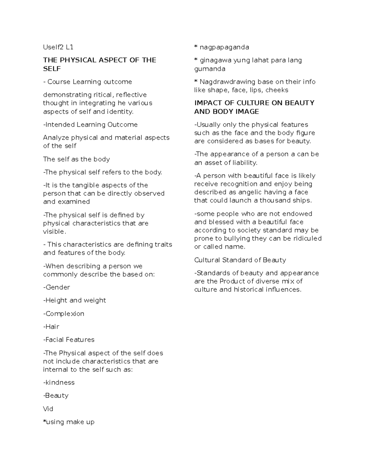 Uself 2 L1 (midterm) - Uself2 L THE PHYSICAL ASPECT OF THE SELF Course ...