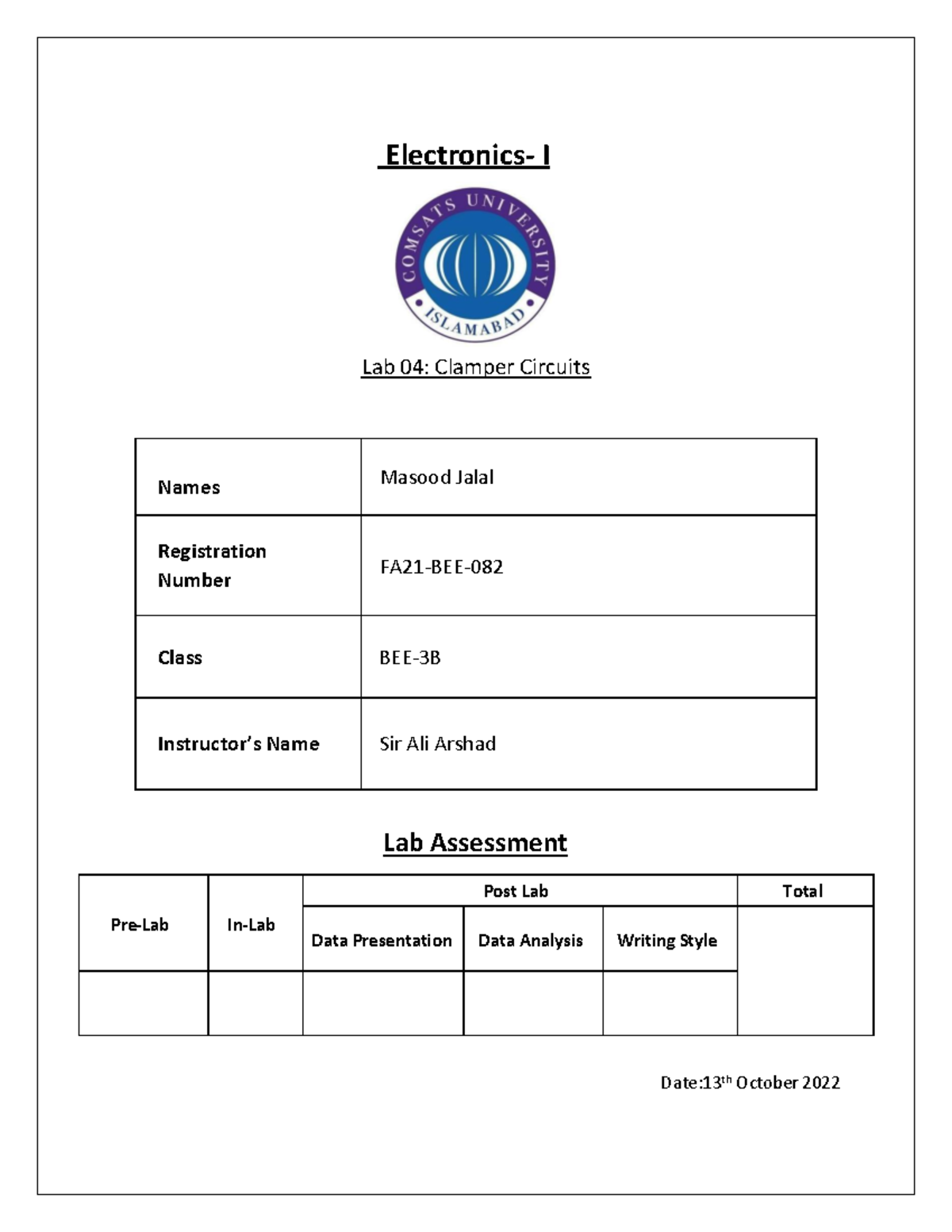 5 Electronics Lab Report Electronics I Lab 04 Clamper Circuits Names Masood Jalal
