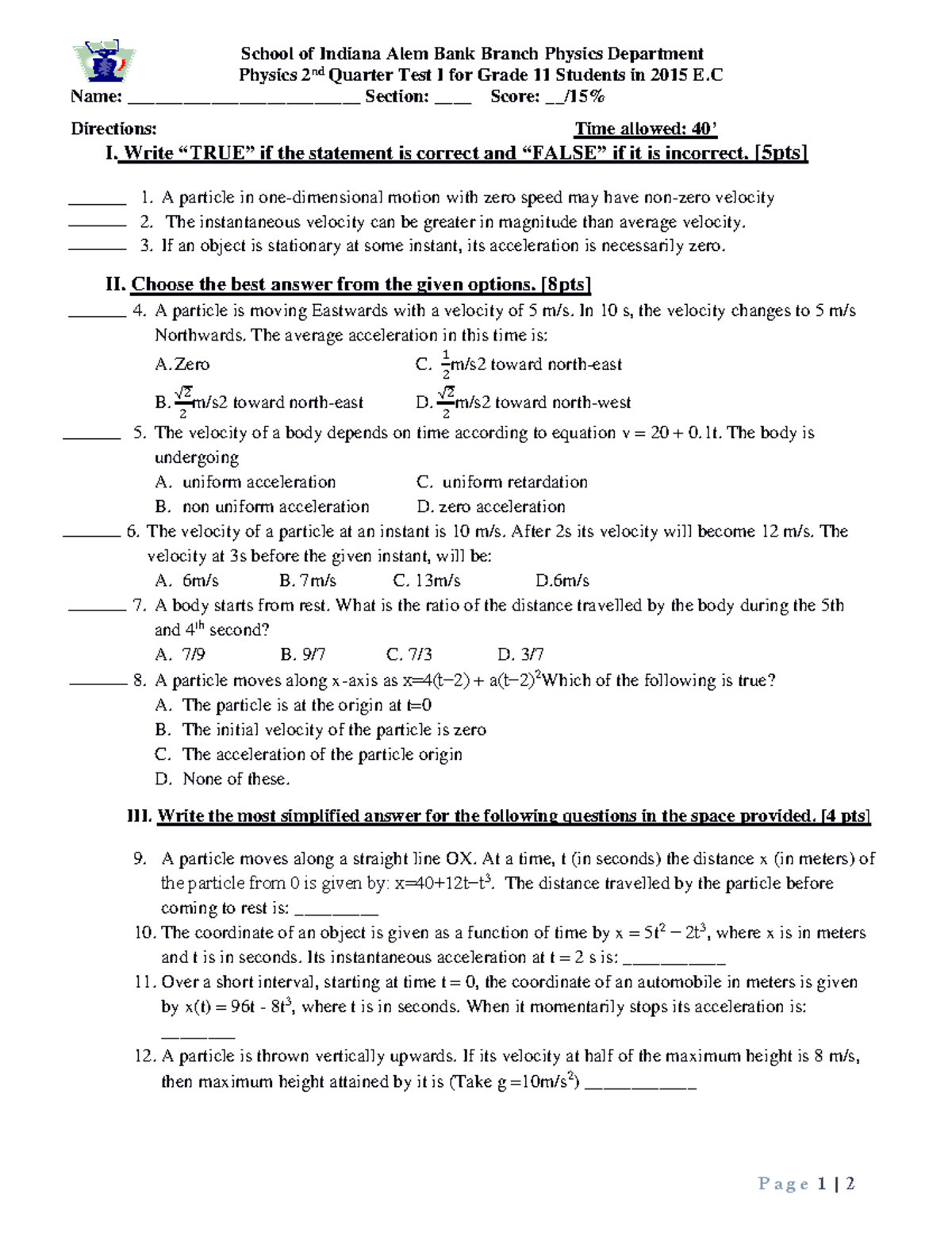 G11 q2 test 1 2015 Copy - General physics questions - P a g e 1 | 2 ...