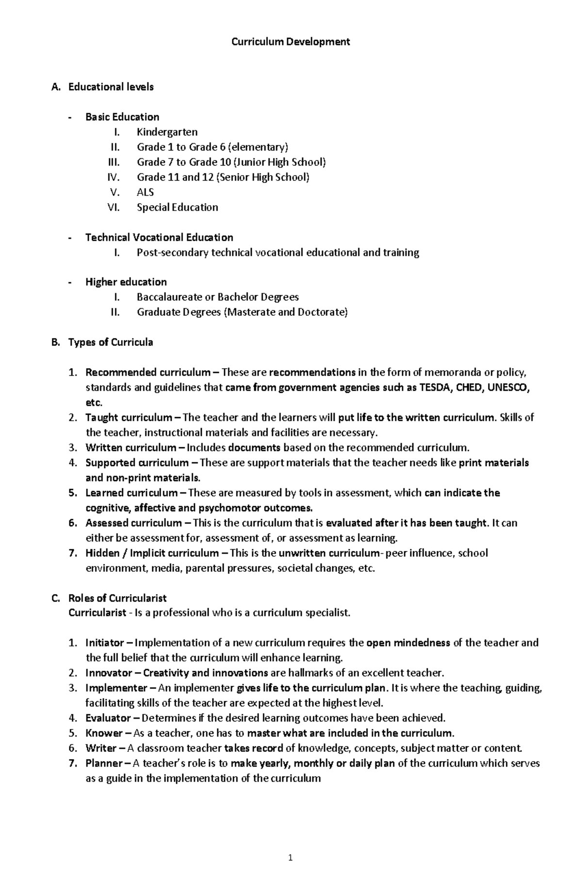 Curriculum Development UM Part 1 - Curriculum Development A ...