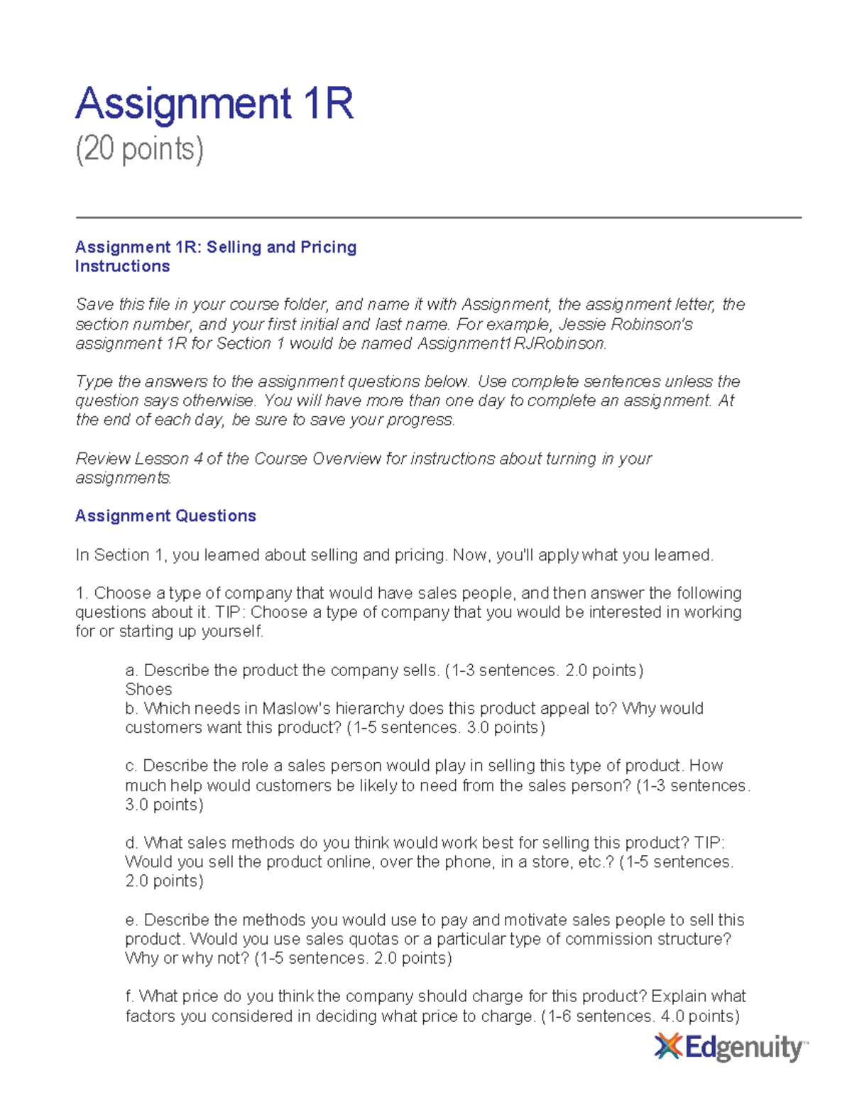 Assignment 1RJRichardson - Assignment 1R (20 points) Assignment 1R ...
