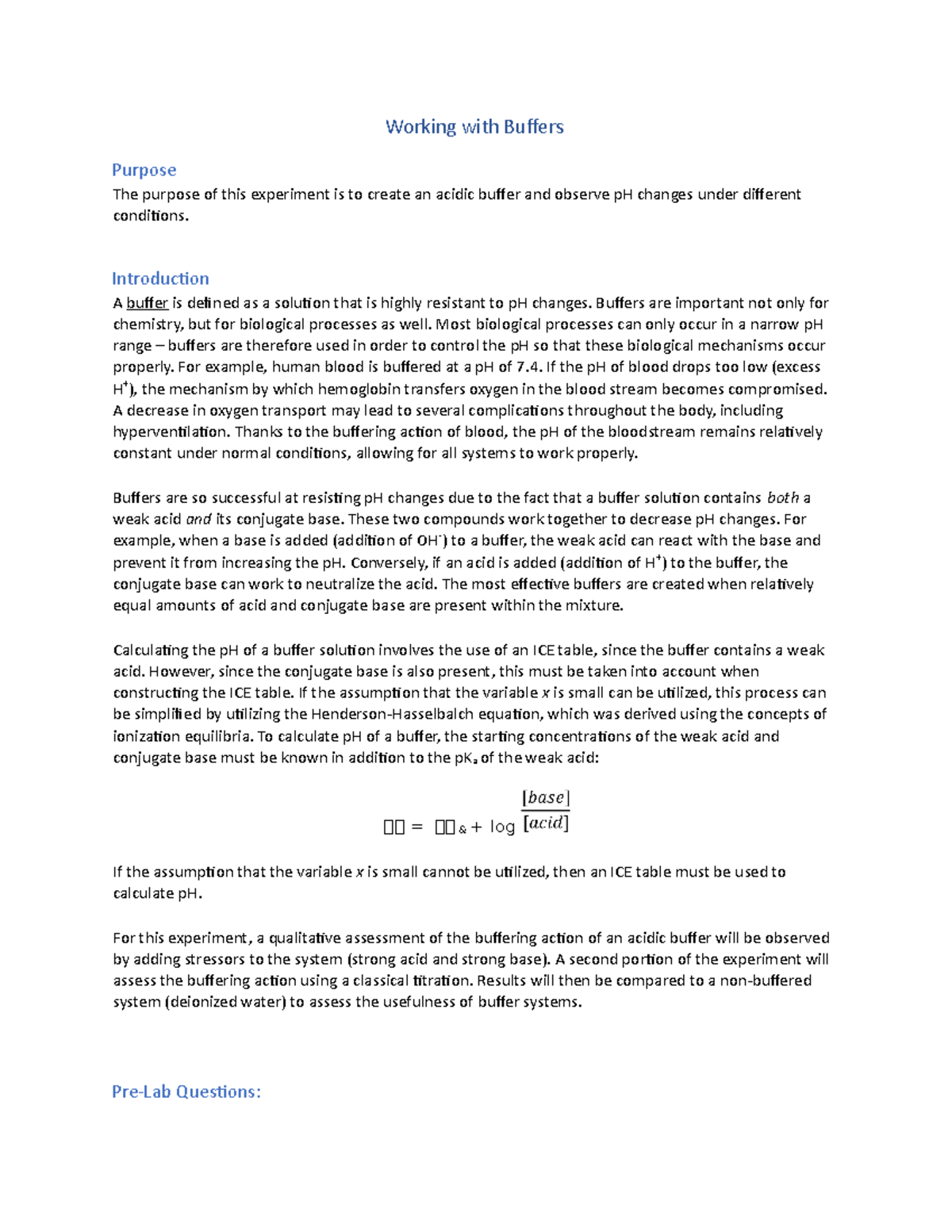 Working with Buffers chemistry lab Working with Buffers Purpose The