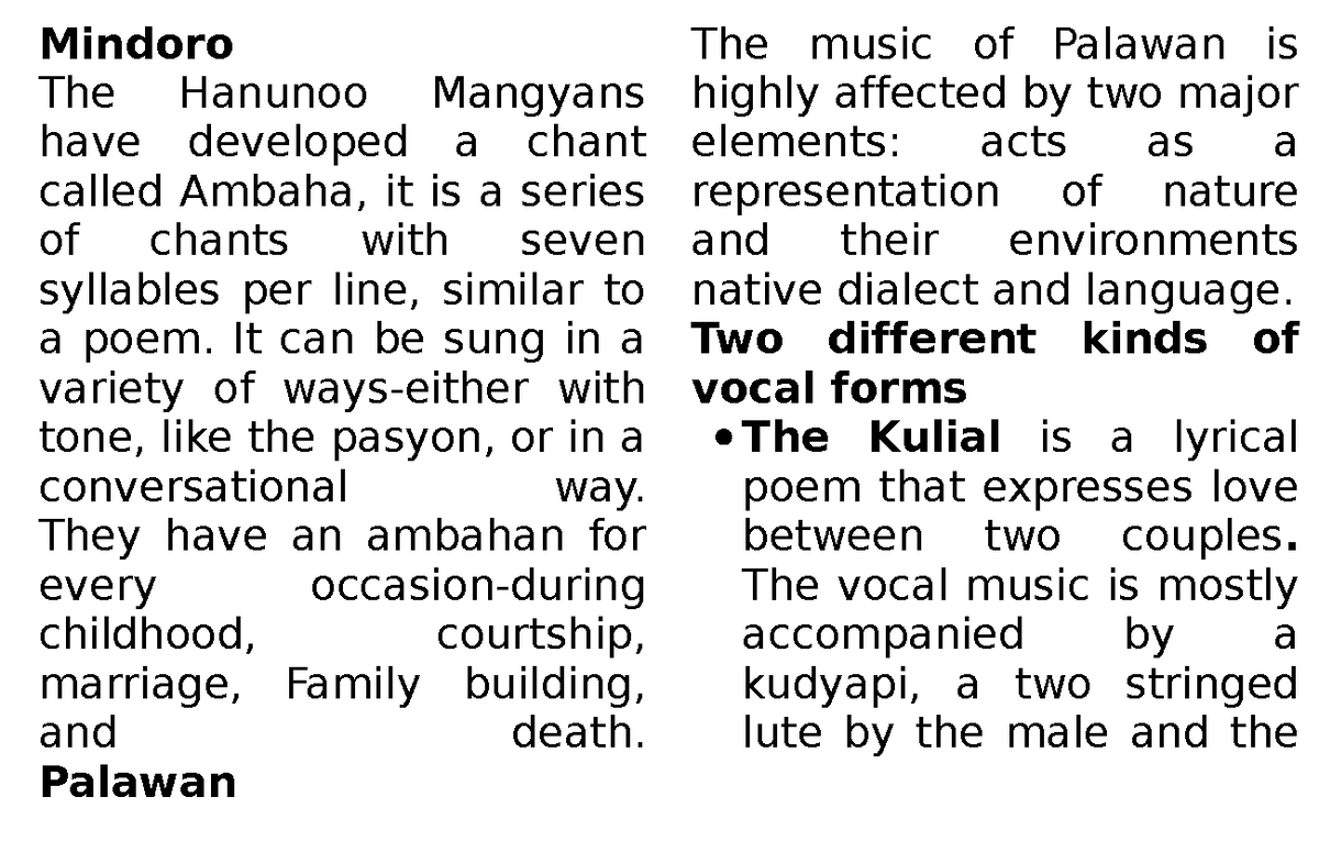 Mindoro Mindoro The Hanunoo Mangyans have developed a chant called
