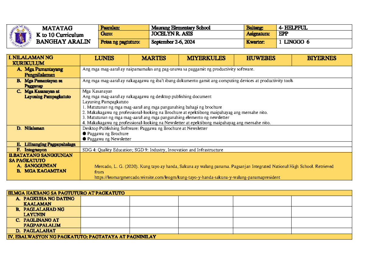 Matatag Lesson PLAN in AP Format - MATATAG K to 10 Curriculum BANGHAY ...