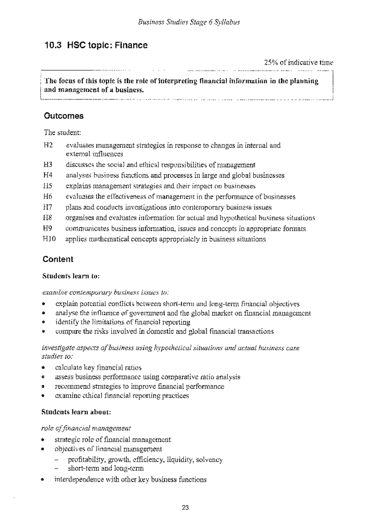 FIN HSC DOT Points - Business Studies Stage 6 Syllabus 10 HSC topic ...