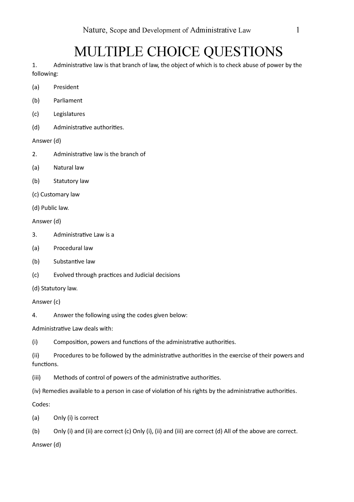 Administrative Law MCQ - MULTIPLE CHOICE QUESTIONS Administrative Law ...