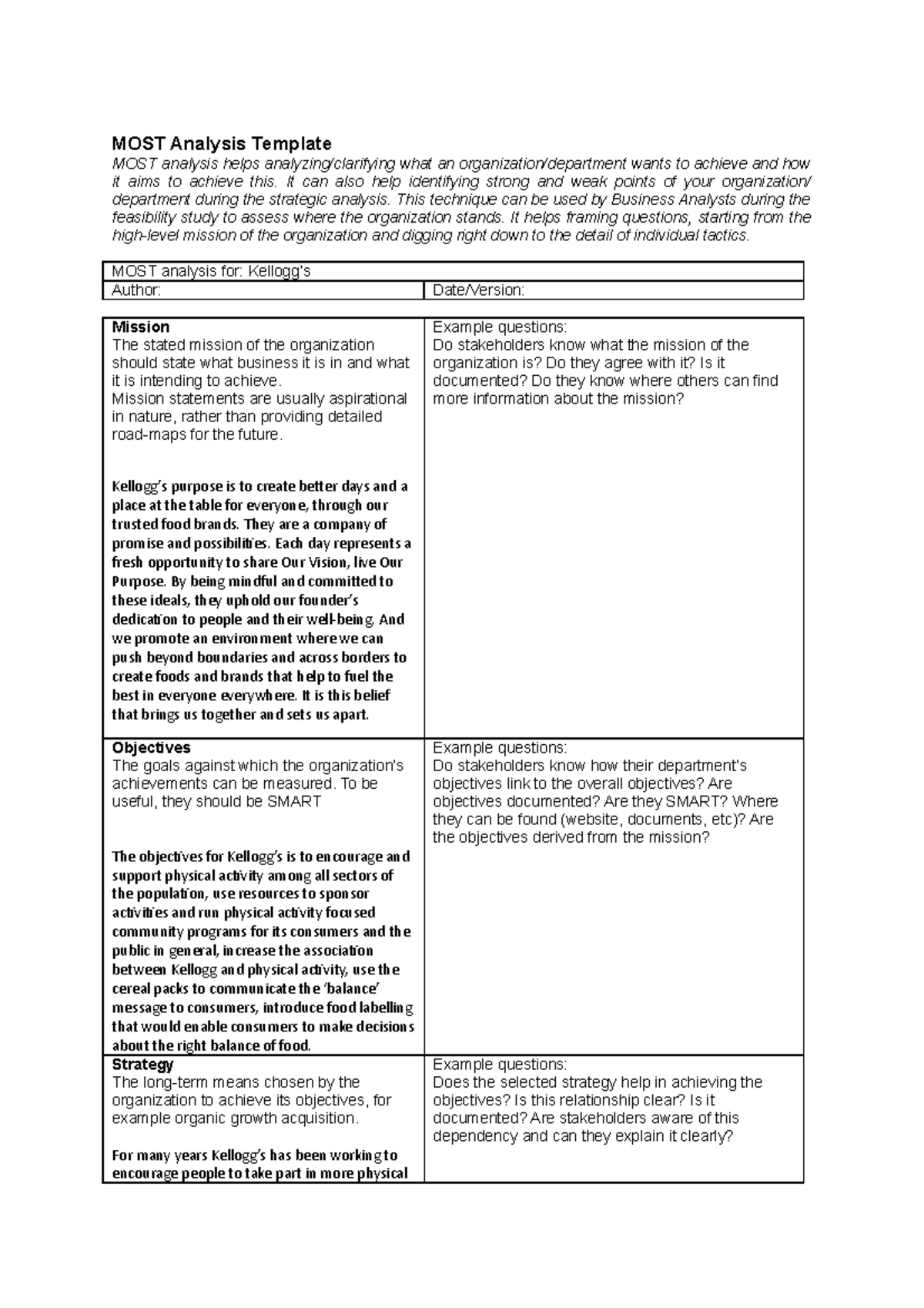 MOST Analysis Kellogs - MOST Analysis Template MOST analysis helps ...