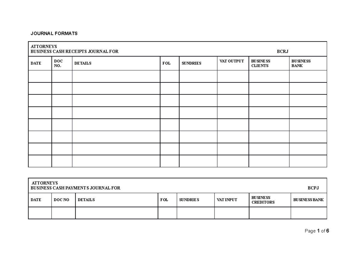 Journal Formats - JOURNAL FORMATS ATTORNEYS BUSINESS CASH RECEIPTS ...