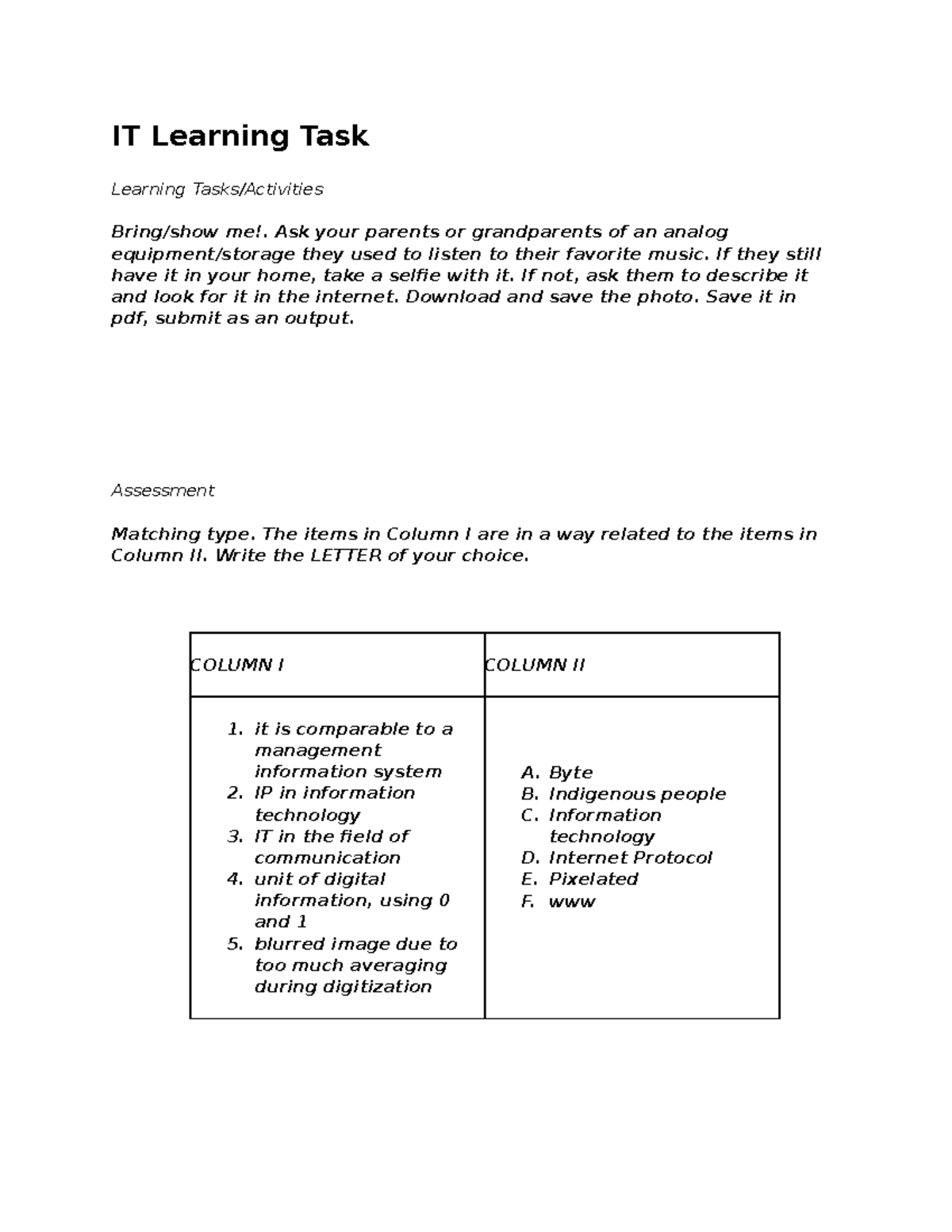 IT Learning Task - IT Learning Task Learning Tasks/Activities Bring ...