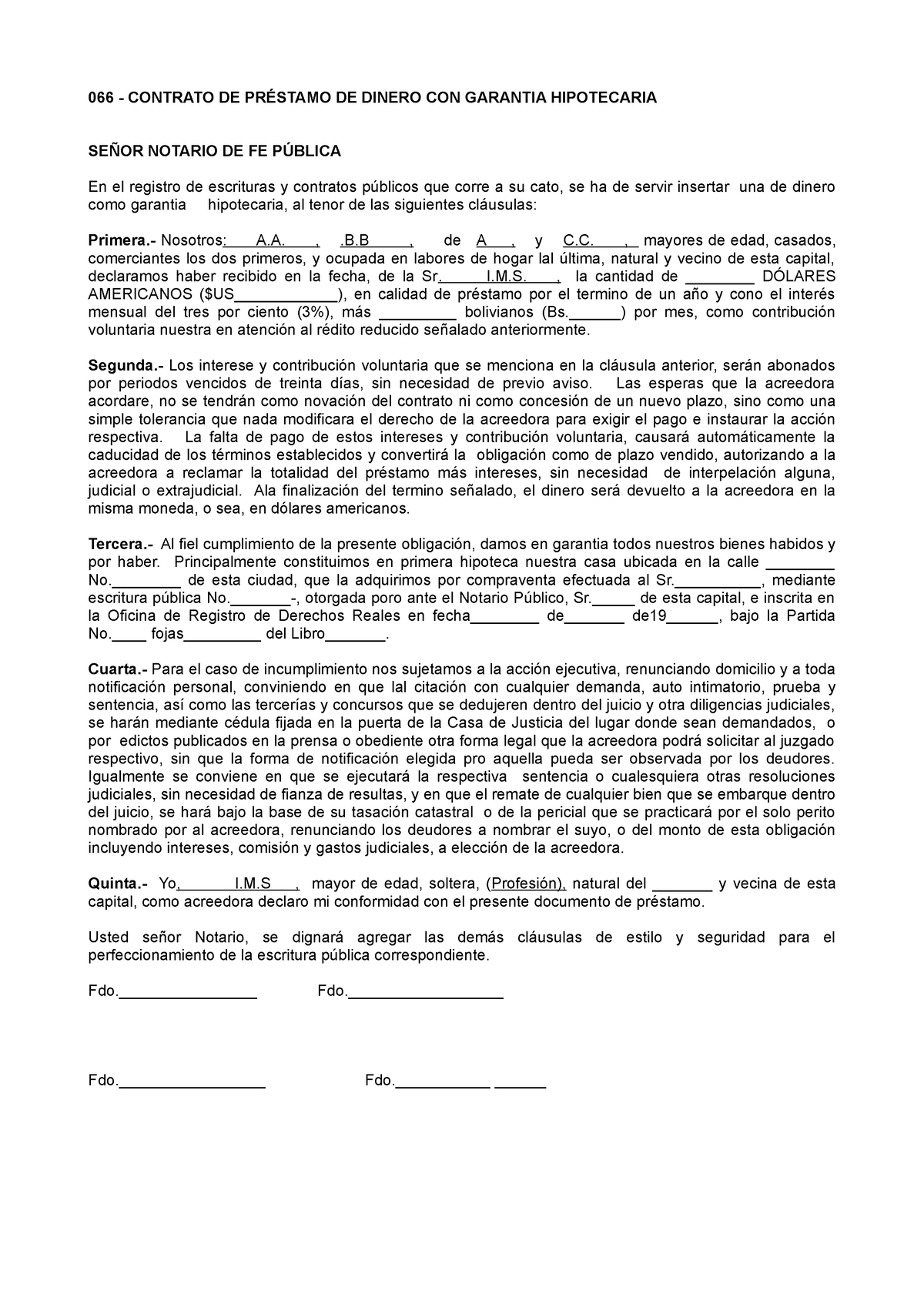 Contrato Depréstamo De Dinero Con Garantia Hipotecaria 066 Contrato De PrÉstamo De Dinero 1141