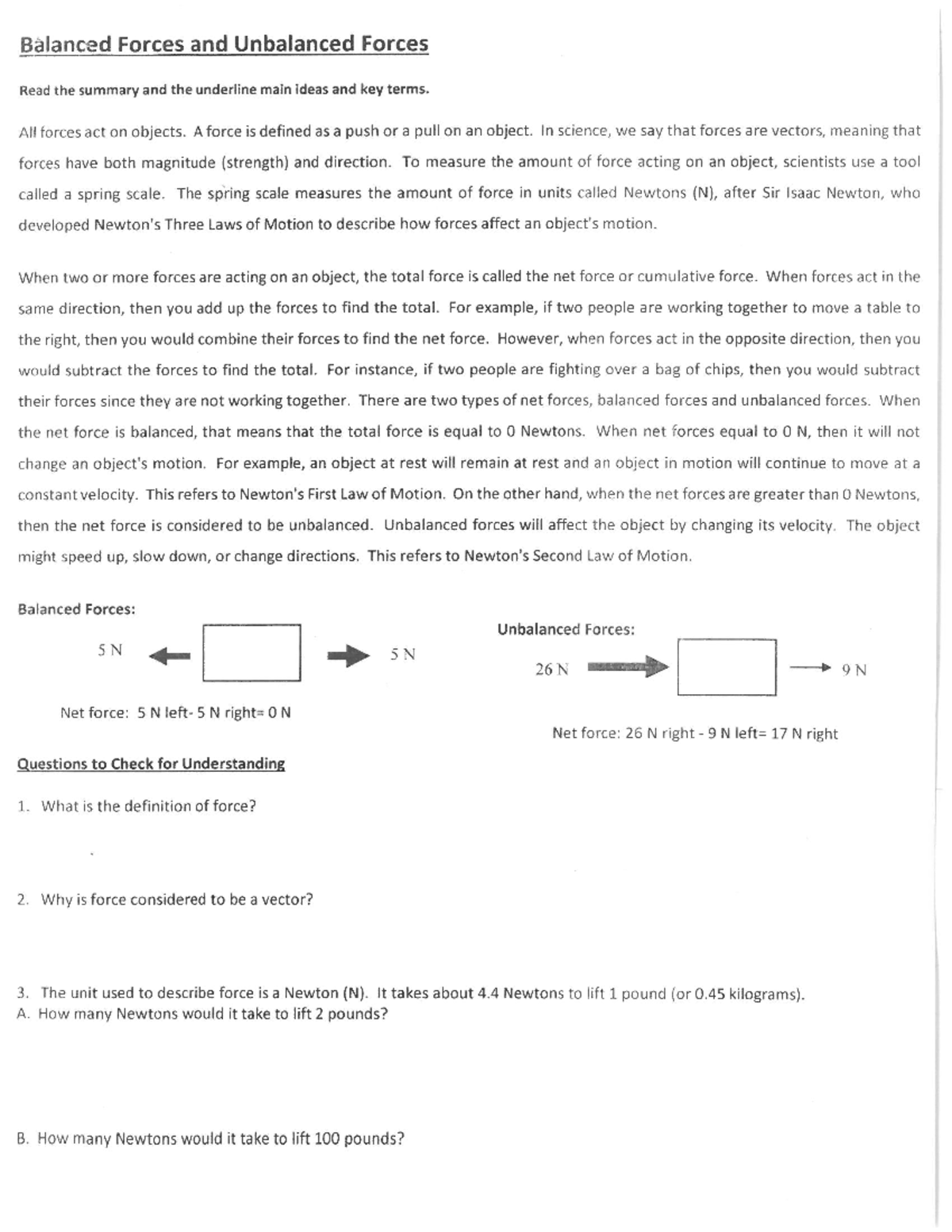Image 10 for Balanced And Unbalanced Forces Worksheet