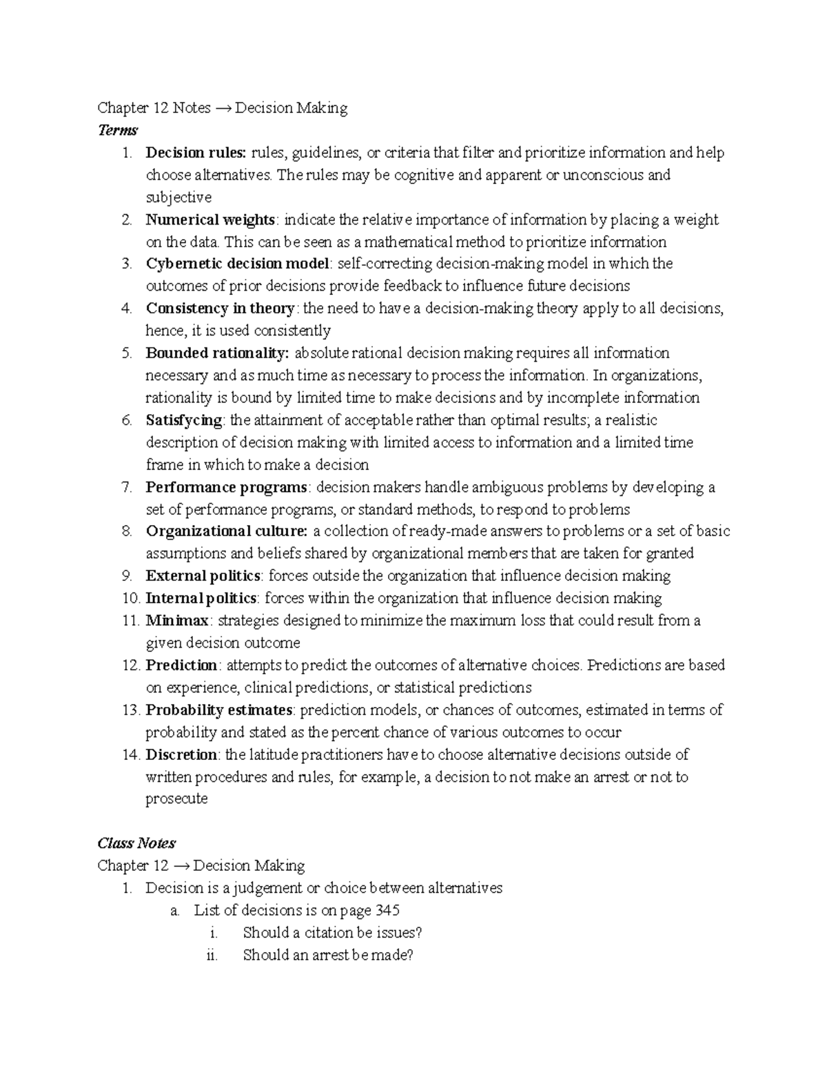 Chapter 12 Notes - Chapter 12 Notes → Decision Making Terms 1. Decision ...