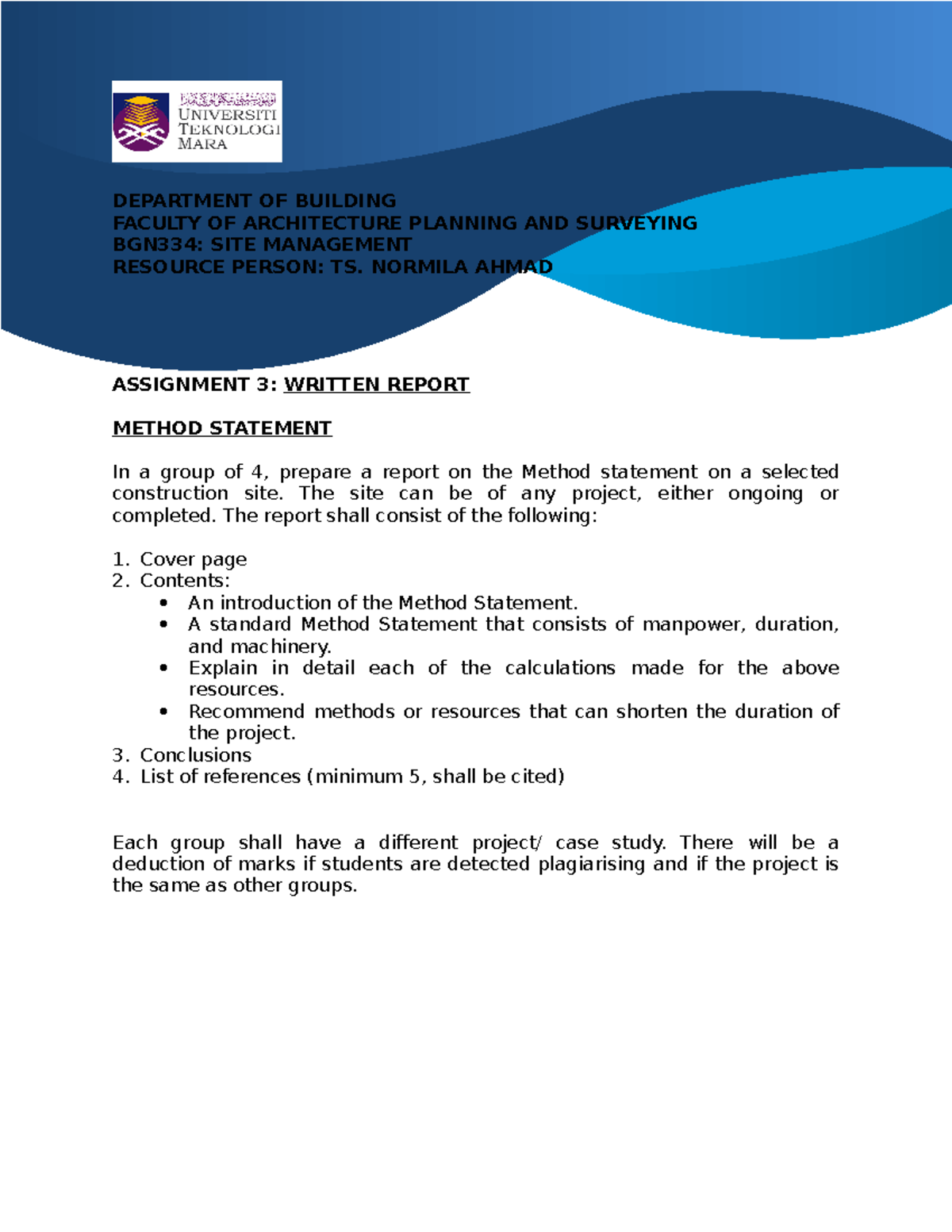Assignment 3 Method Statement BGN 334 (2024) - DEPARTMENT OF BUILDING ...