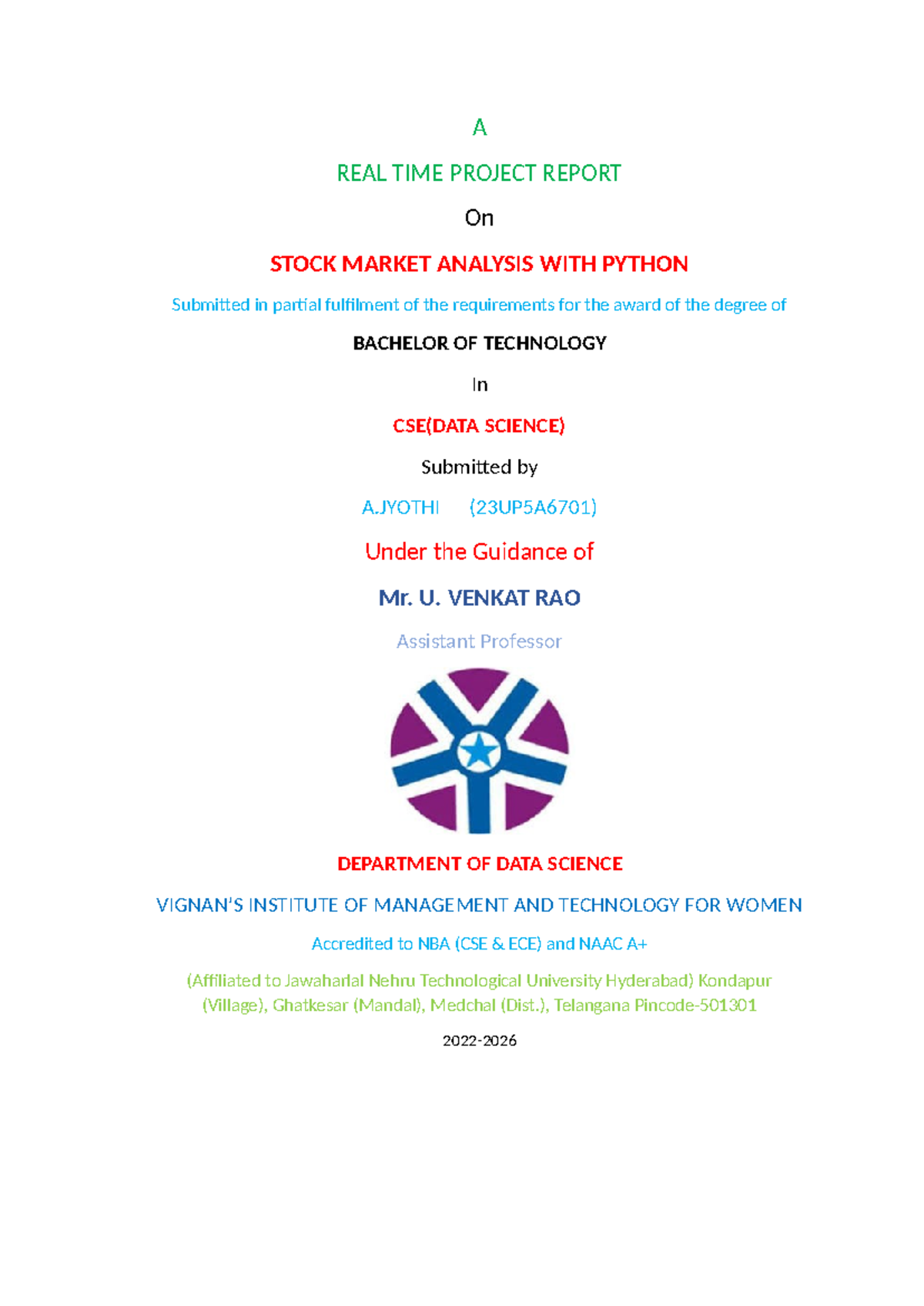 Front A - A REAL TIME PROJECT REPORT On STOCK MARKET ANALYSIS WITH ...