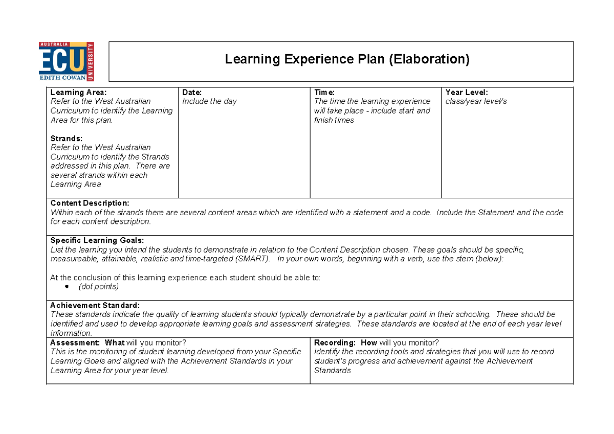 Learning Experience Plan - Elaboration - Learning Experience Plan ...