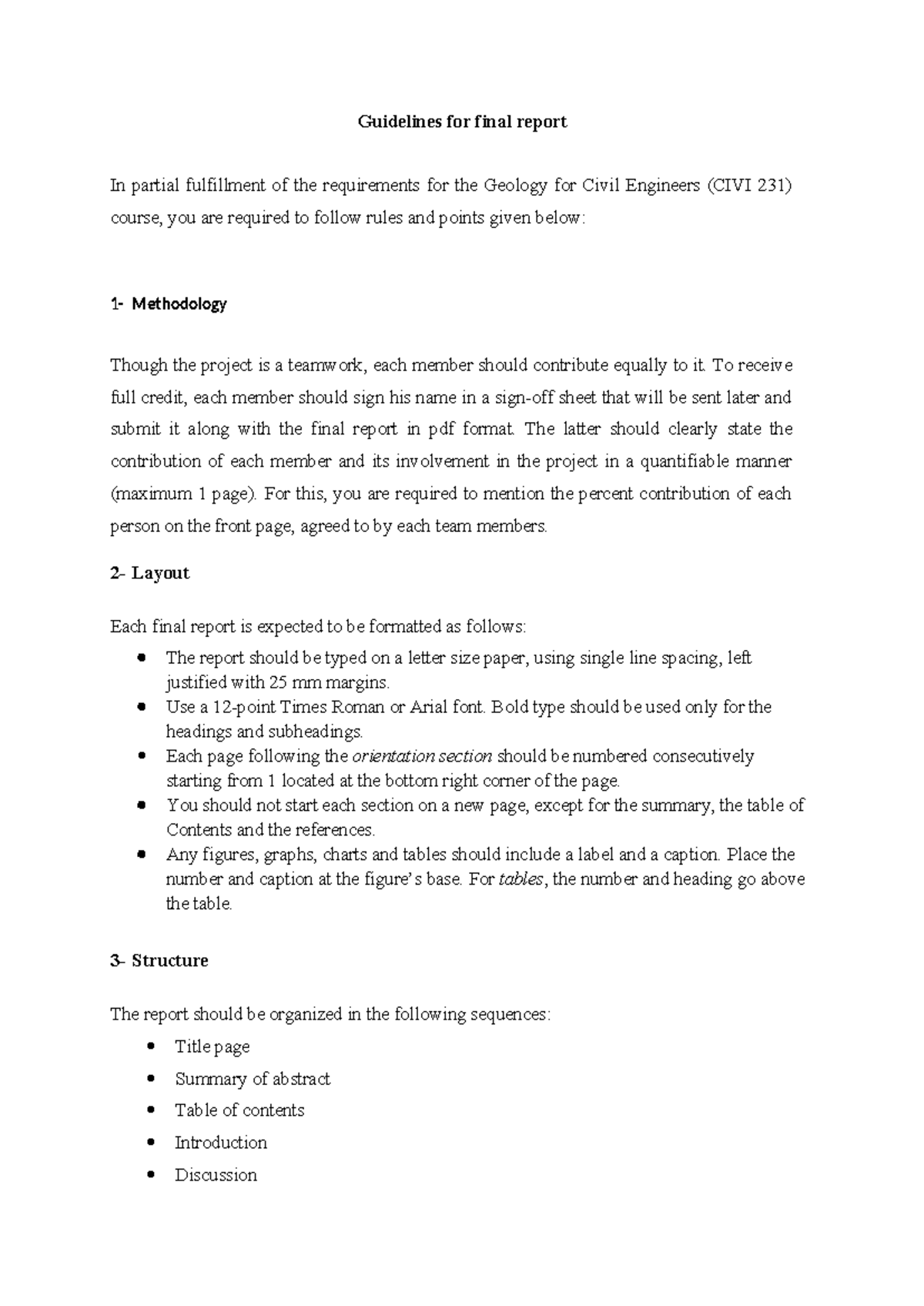 Civil 231 Geology report guidelines - Guidelines for final report In ...