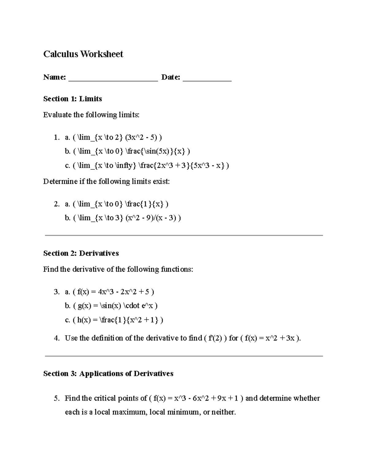 Math - math worksheet - Calculus Worksheet Name ...