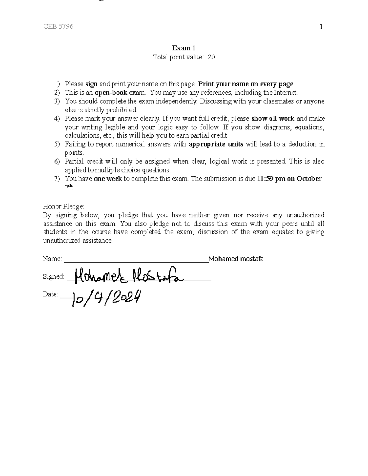 Exam1 dmms Exam 1 Total point value 20 Please sign and print your