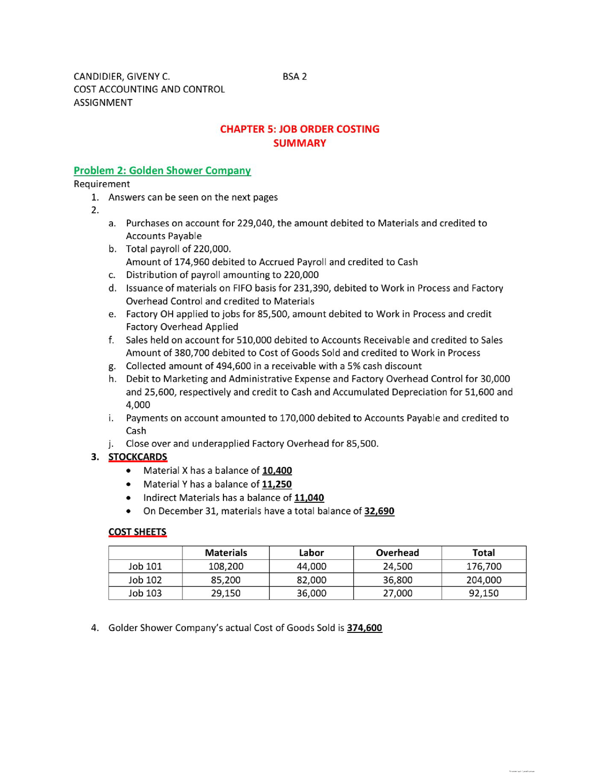 assignment of job cost