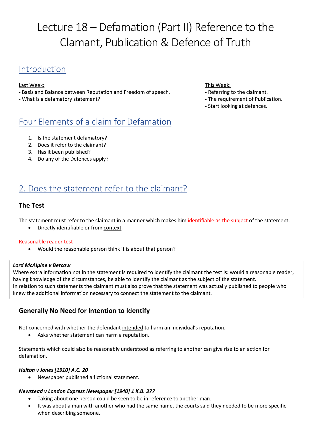 Defamation (Part 2) Tort Law Lecture Notes - Lecture 18 – Defamation ...