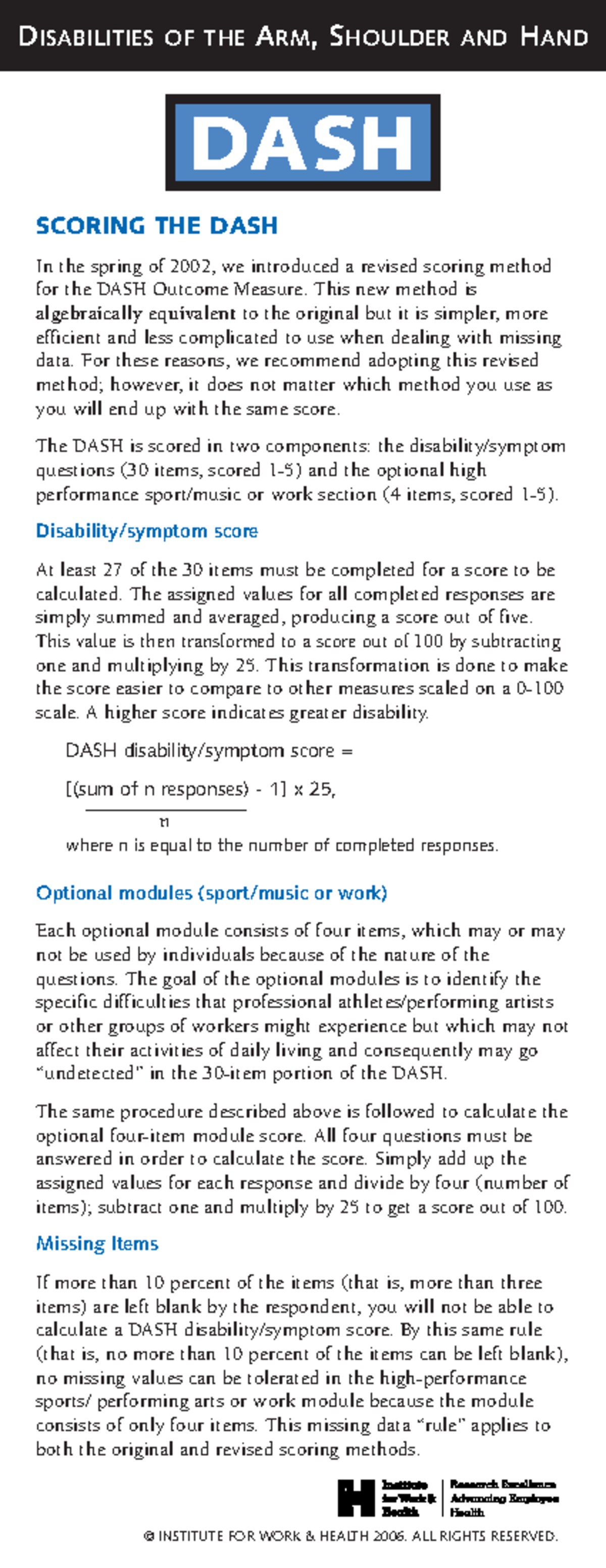 Dash scoring 2010 - DISABILITIES OF THE ARM, SHOULDER AND HAND DASH ...