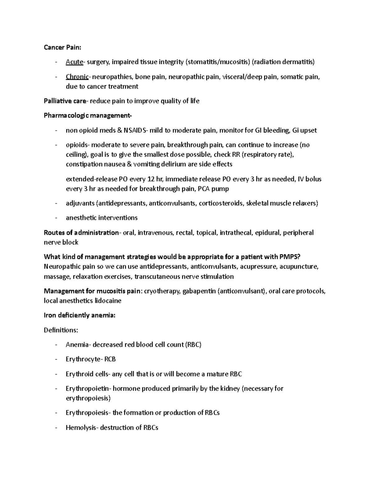 HPA exam 4 - HPA exam 4 - Cancer Pain: - Acute- surgery, impaired 2ssue ...