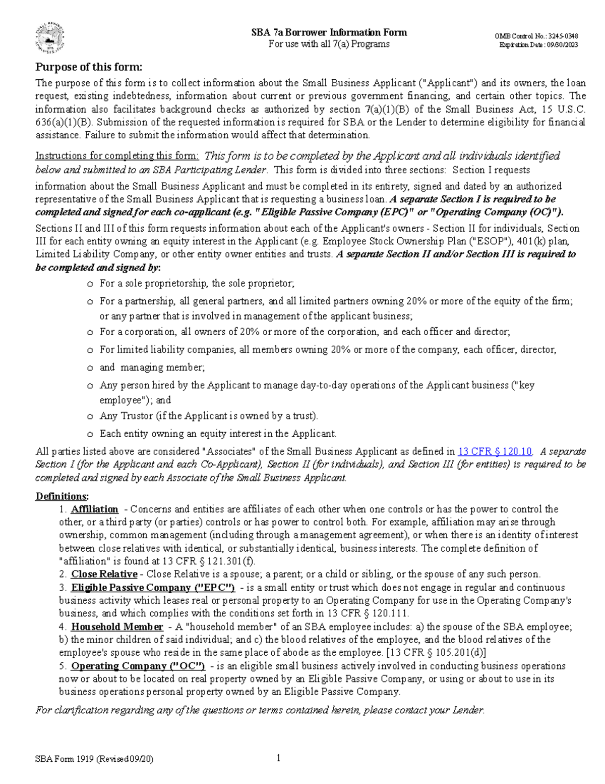 SBA 1919- Fillinn - Java code answers - SBA 7a Borrower Information ...