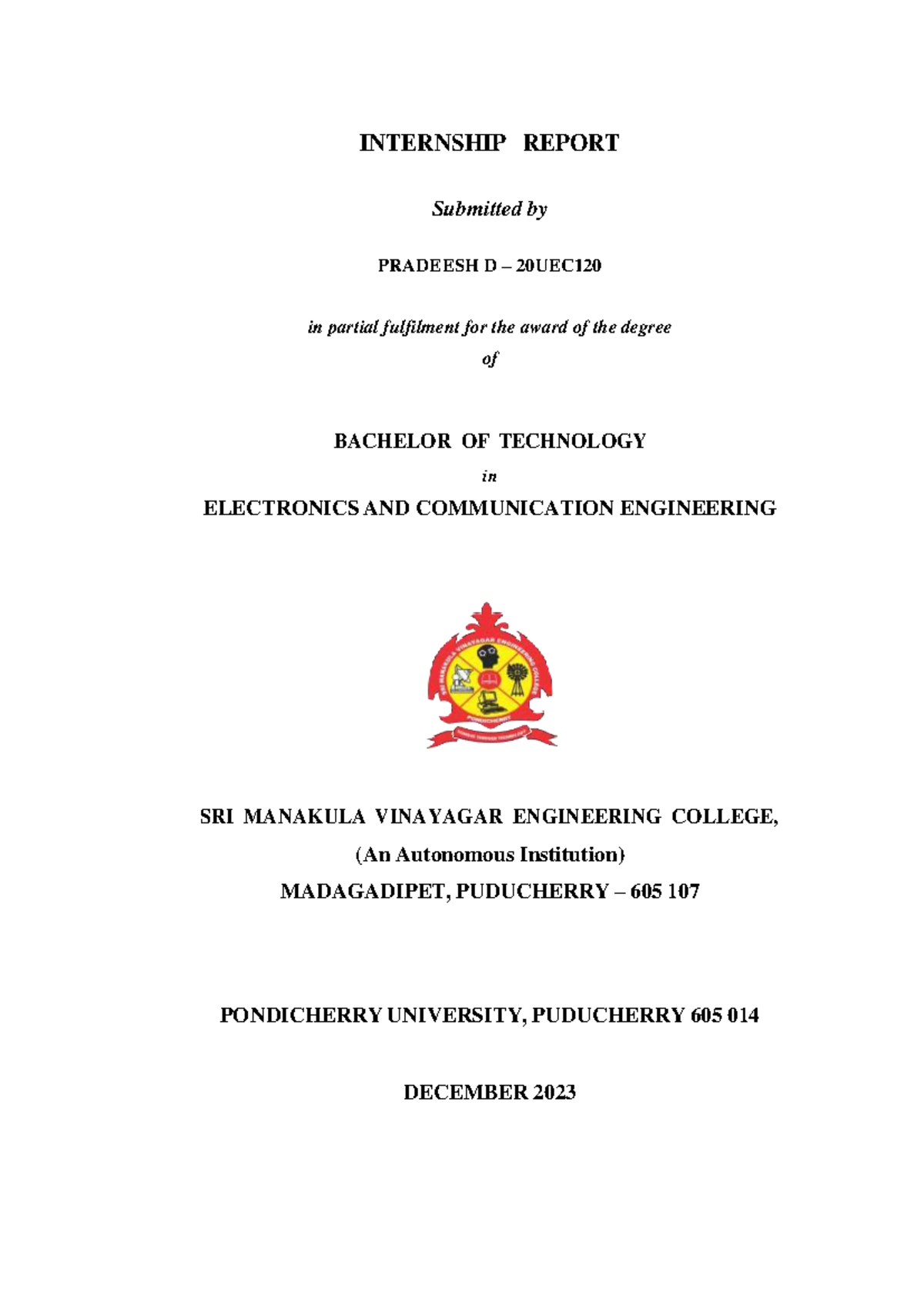 Model internship - report - INTERNSHIP REPORT Submitted by PRADEESH D ...