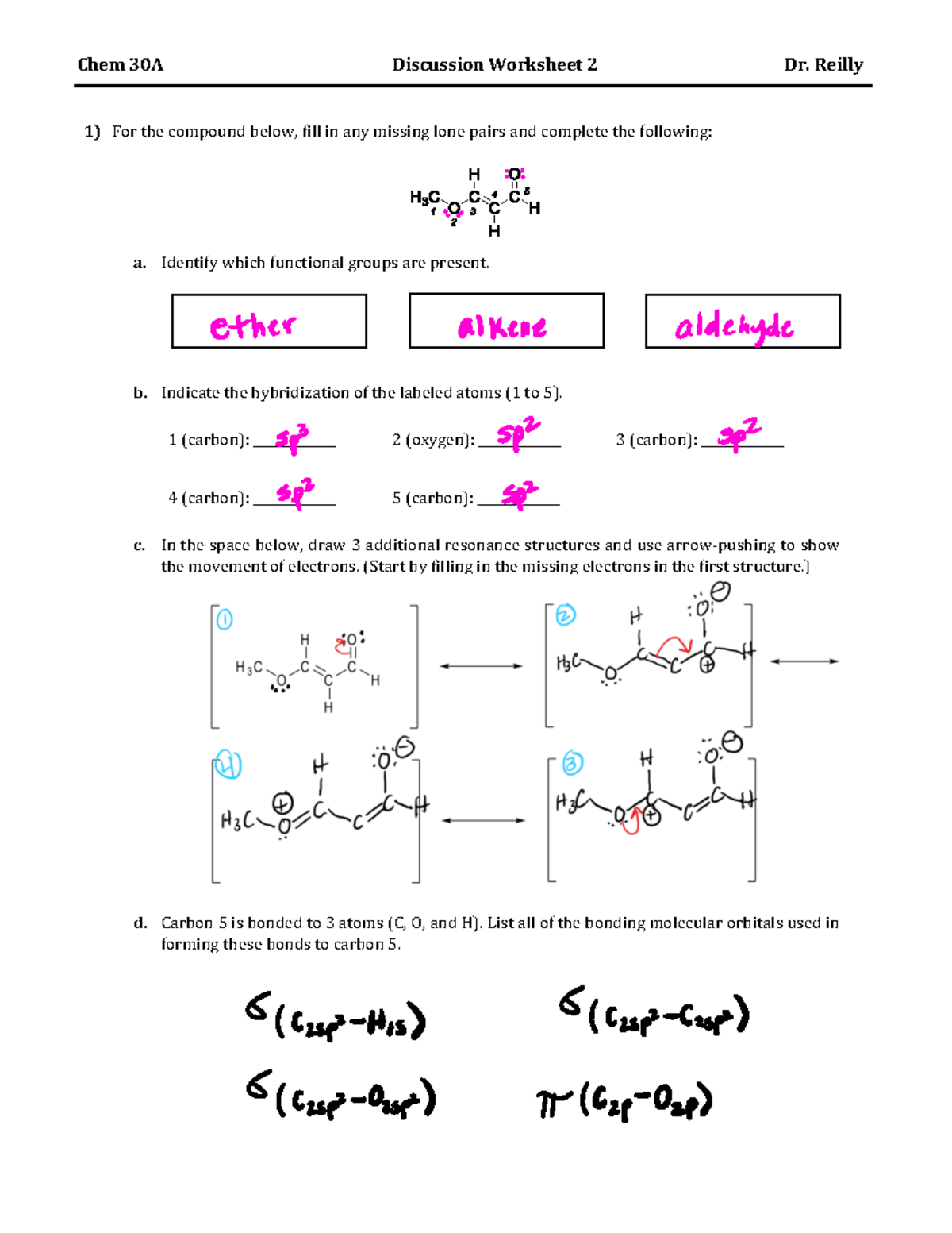 Chemistry 30A - Professor Reilly - Discusssion Worksheet 2 Answer Key ...