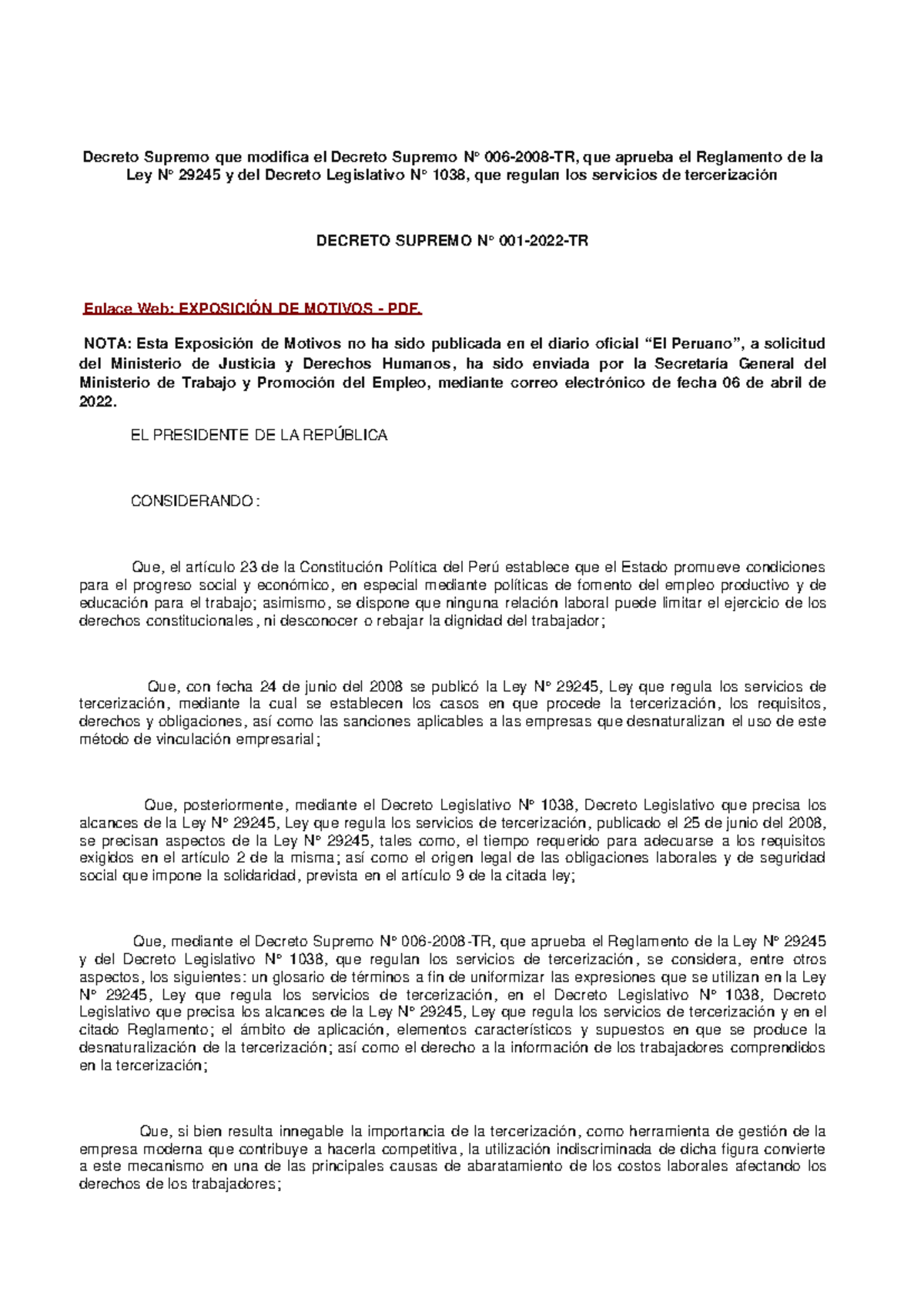 DS 001-2022-TR - Decreto Supremo - Decreto Supremo Que Modifica El ...