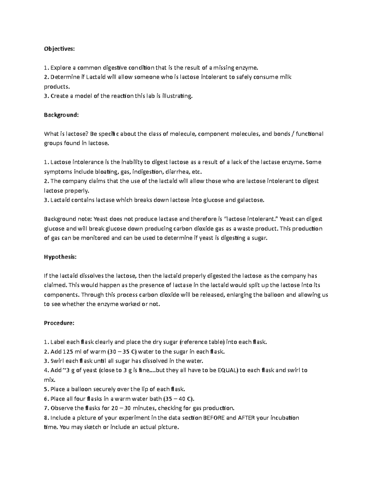 Copy of Unit1 Lab1 Lactose Lab - Objectives: Explore a common digestive ...