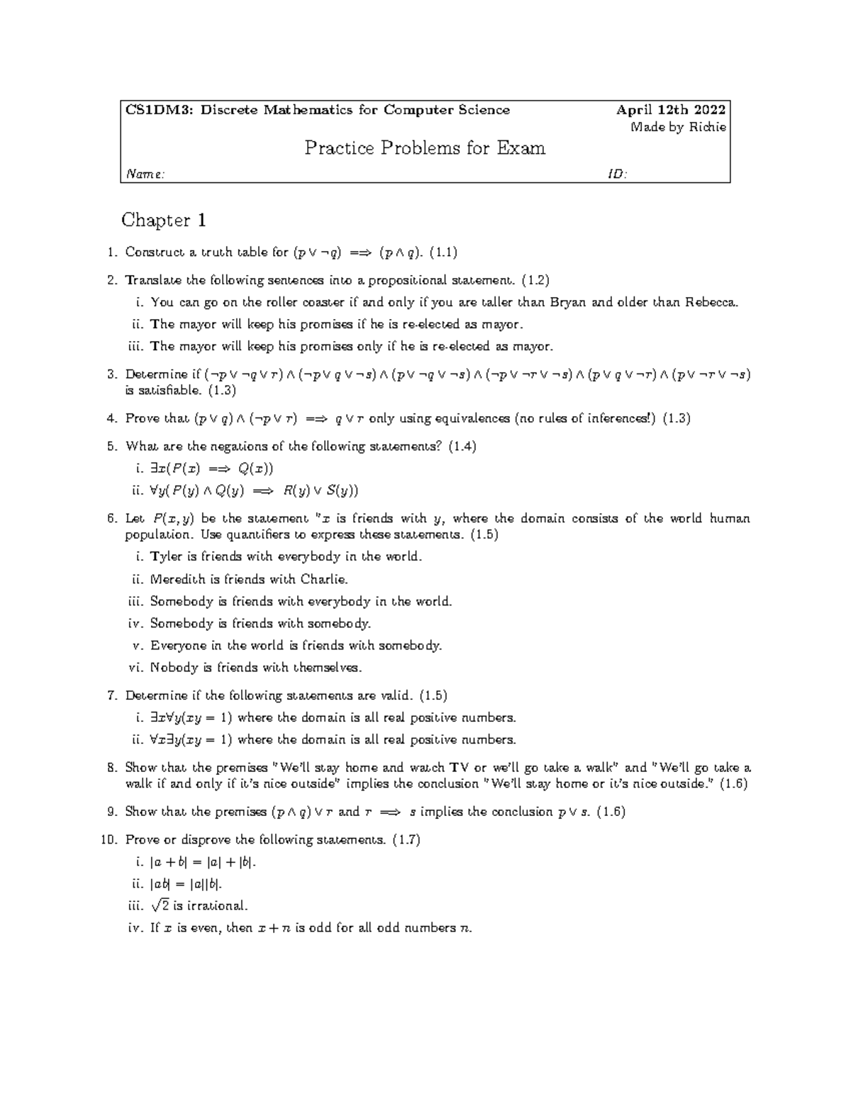 1DM3Exam Practice - CS1DM3: Discrete Mathematics for Computer Science ...
