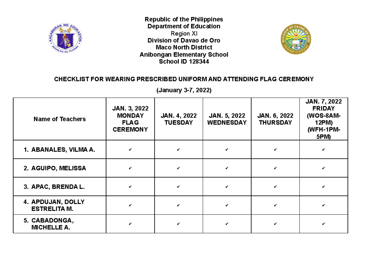 Checklist Uniforms 123 Republic Of The Philippines Department Of Education Region Xi 5450