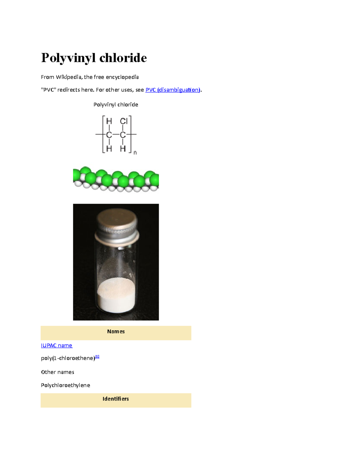 PVC PVC Polyvinyl chloride From Wikipedia, the free encyclopedia