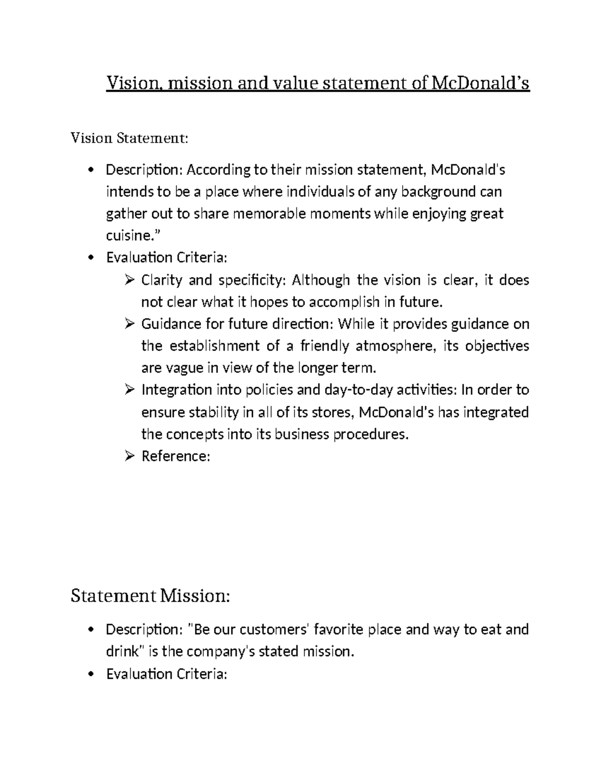 Vision mission and value statement of Mcdonald - Vision, mission and ...