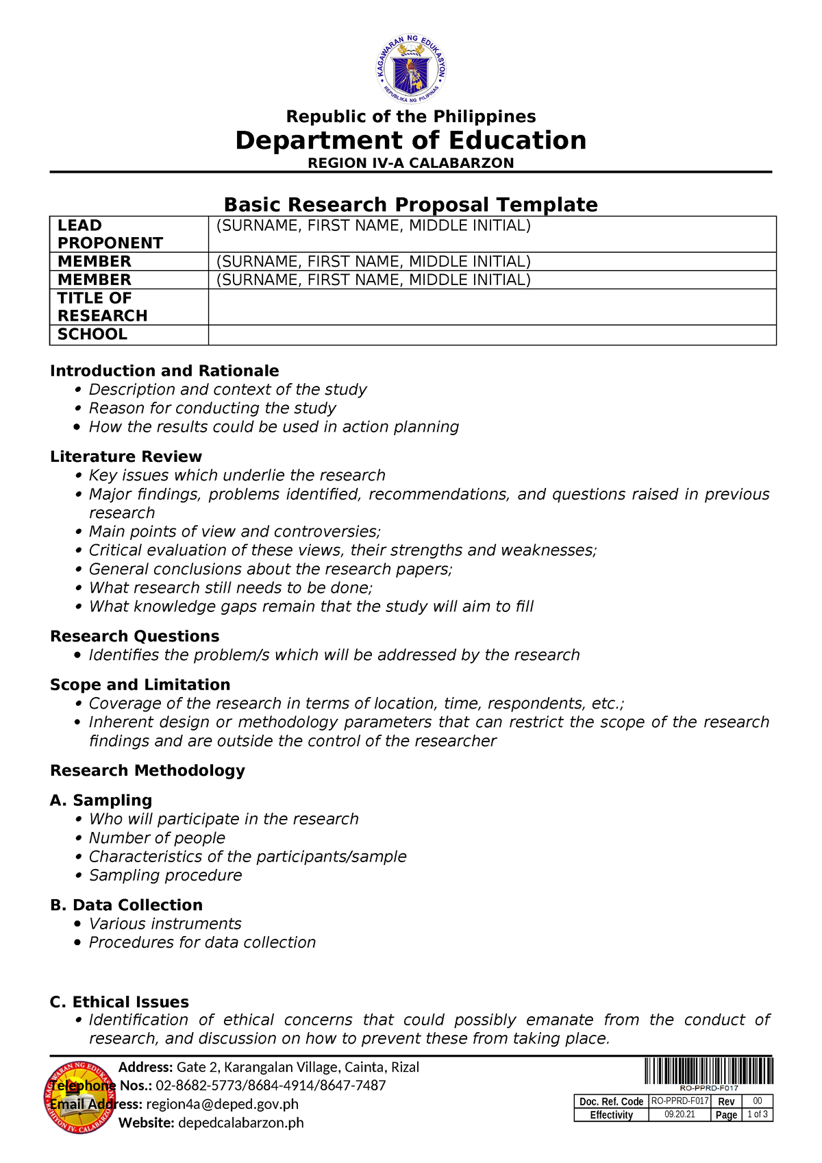 Basic Research Proposal Template 1 Doc Ref Code Ro Pprd F017 Rev 00 Effectivity 0920 Page 1 5440