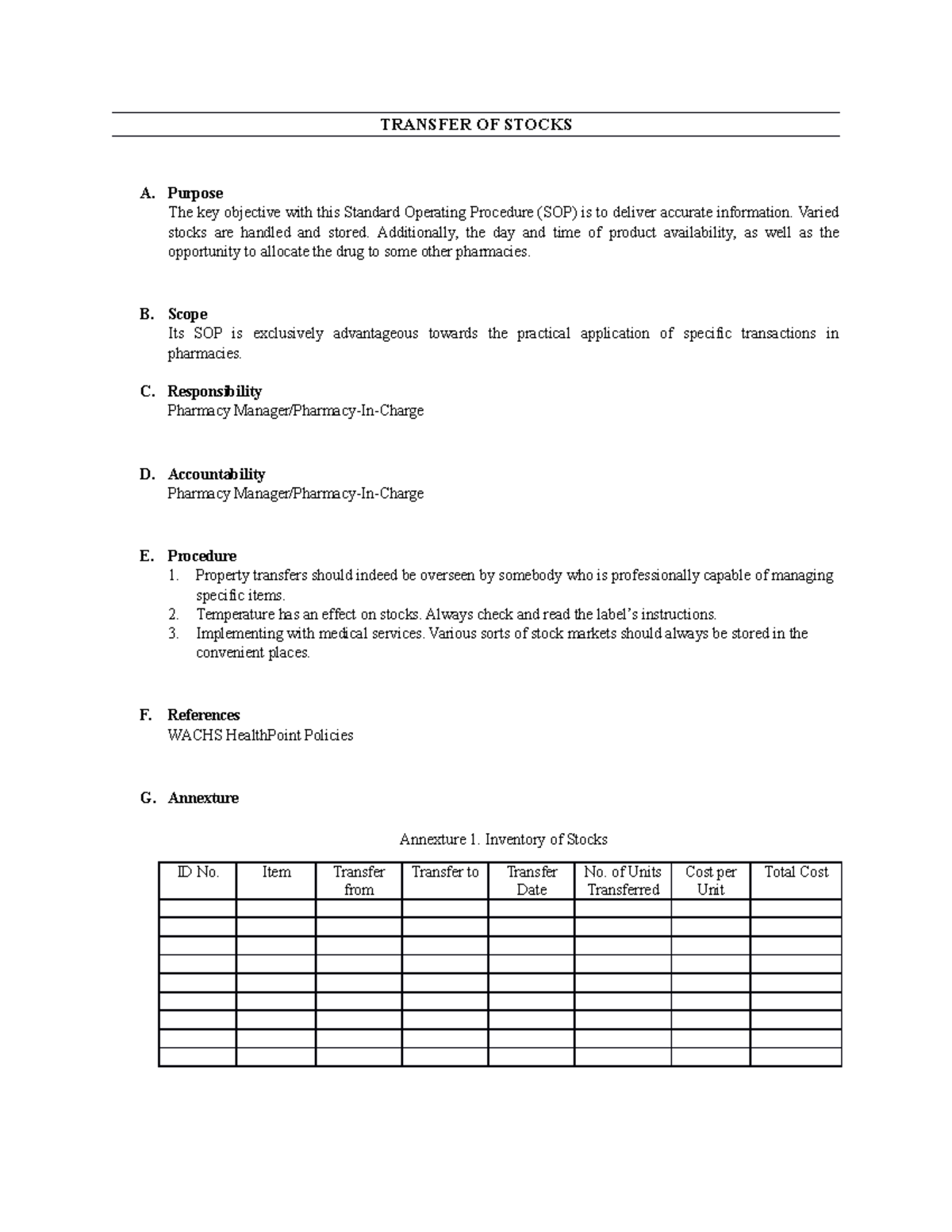 Transfer OF Stocks AND Handling Dispose OR Expired Drugs - TRANSFER OF ...