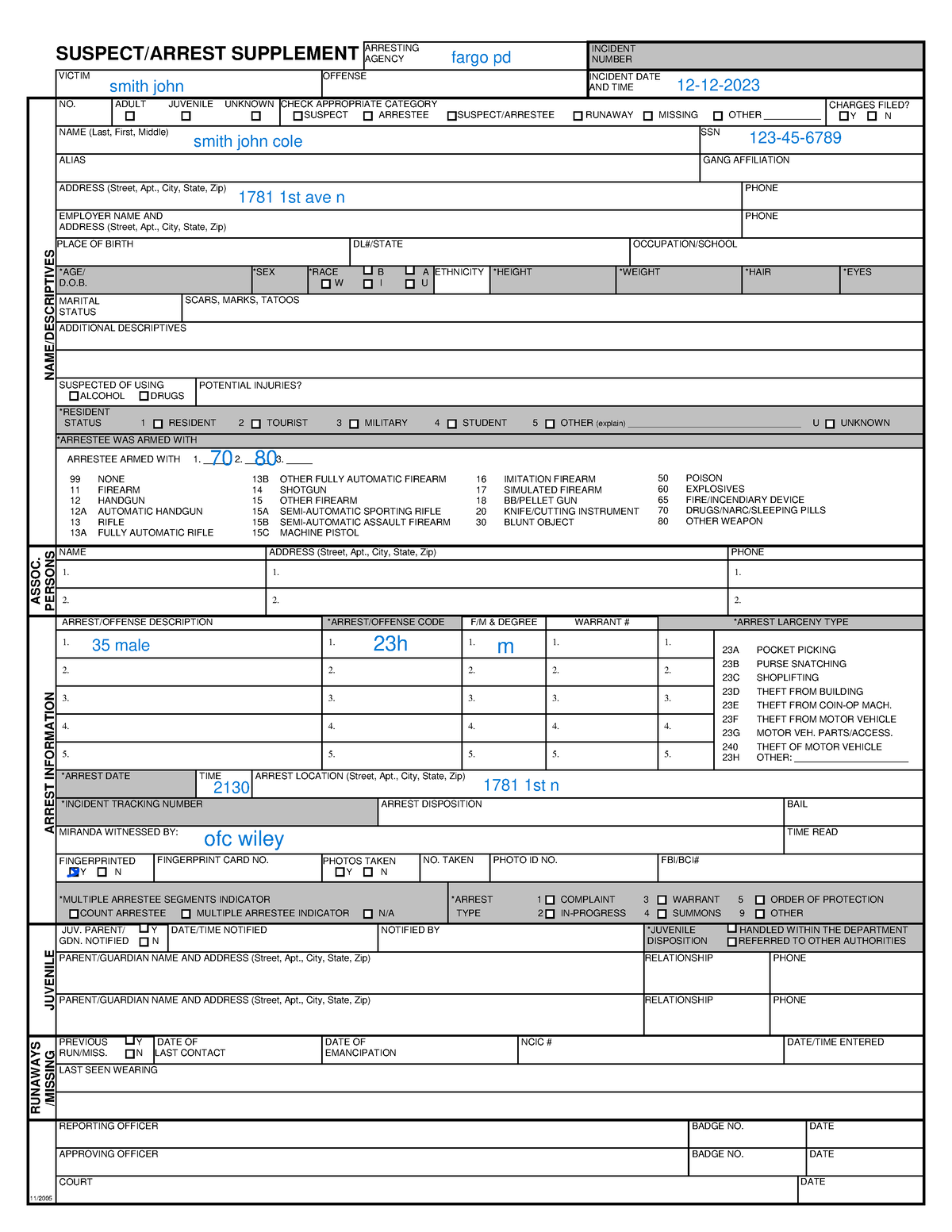 Grubb sample form arrestsupplementreport - VICTIM INCIDENT NUMBER ...