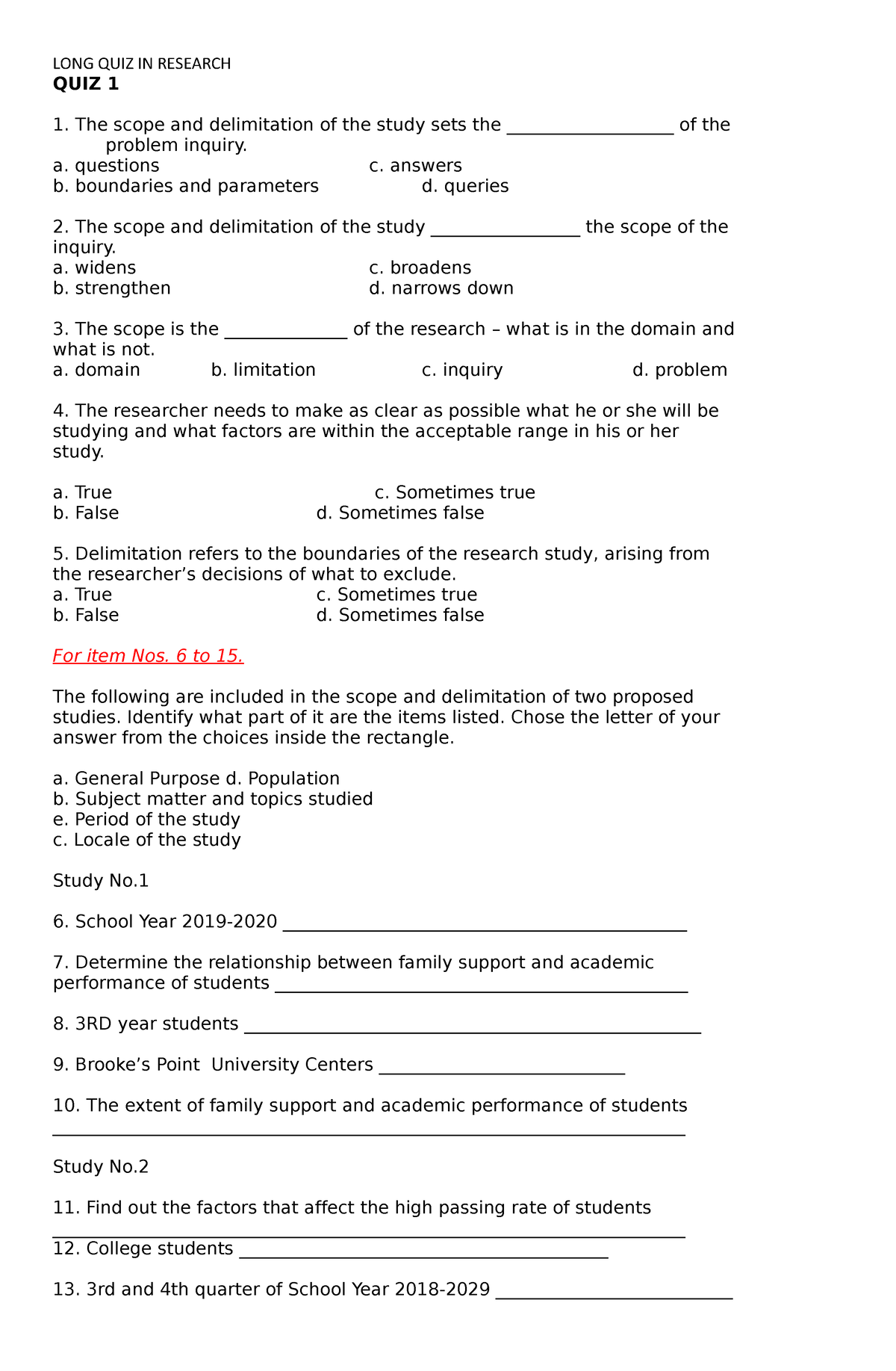 2ndLONGQUIZ Research20232024 QUIZ 1 The scope and delimitation