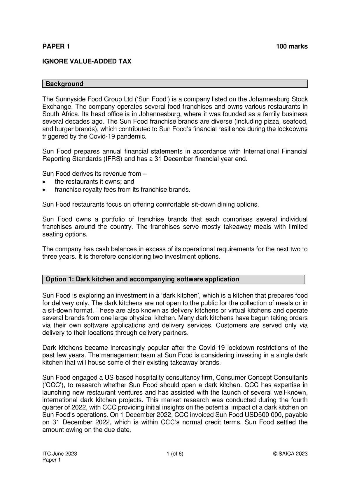 ITC June 2023 Paper 1 Question Sun Food ITC June 2023 1 (of 6