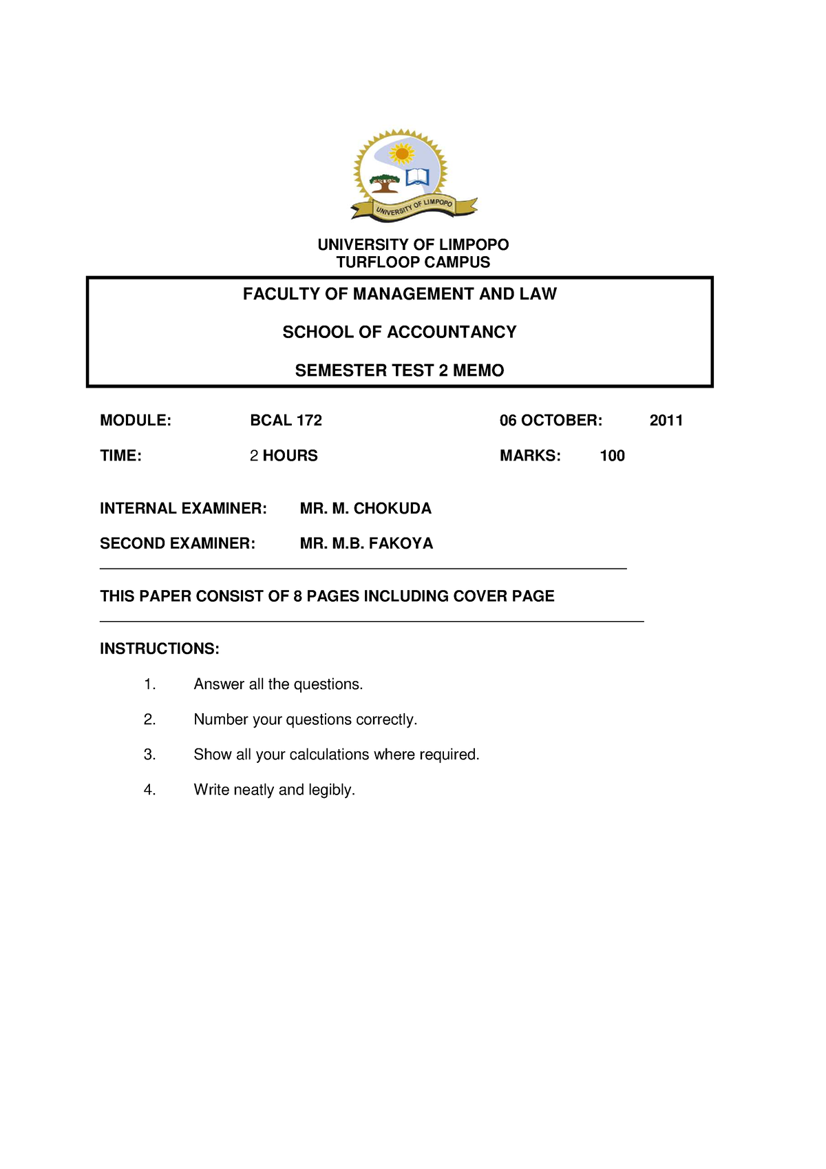 BCAL TEST 2 MEMO 2011 - Memo - UNIVERSITY OF LIMPOPO TURFLOOP CAMPUS ...