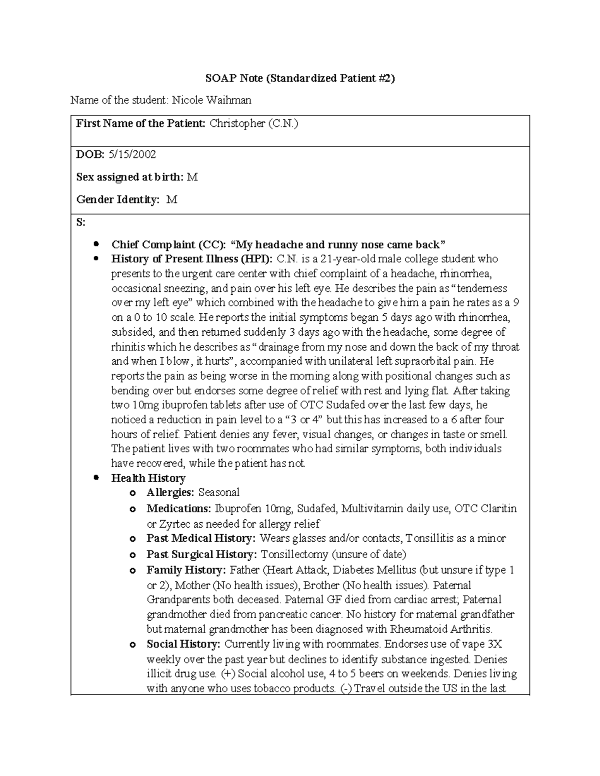 SOAP Note - Heent - SOAP note - SOAP Note (Standardized Patient #2 ...