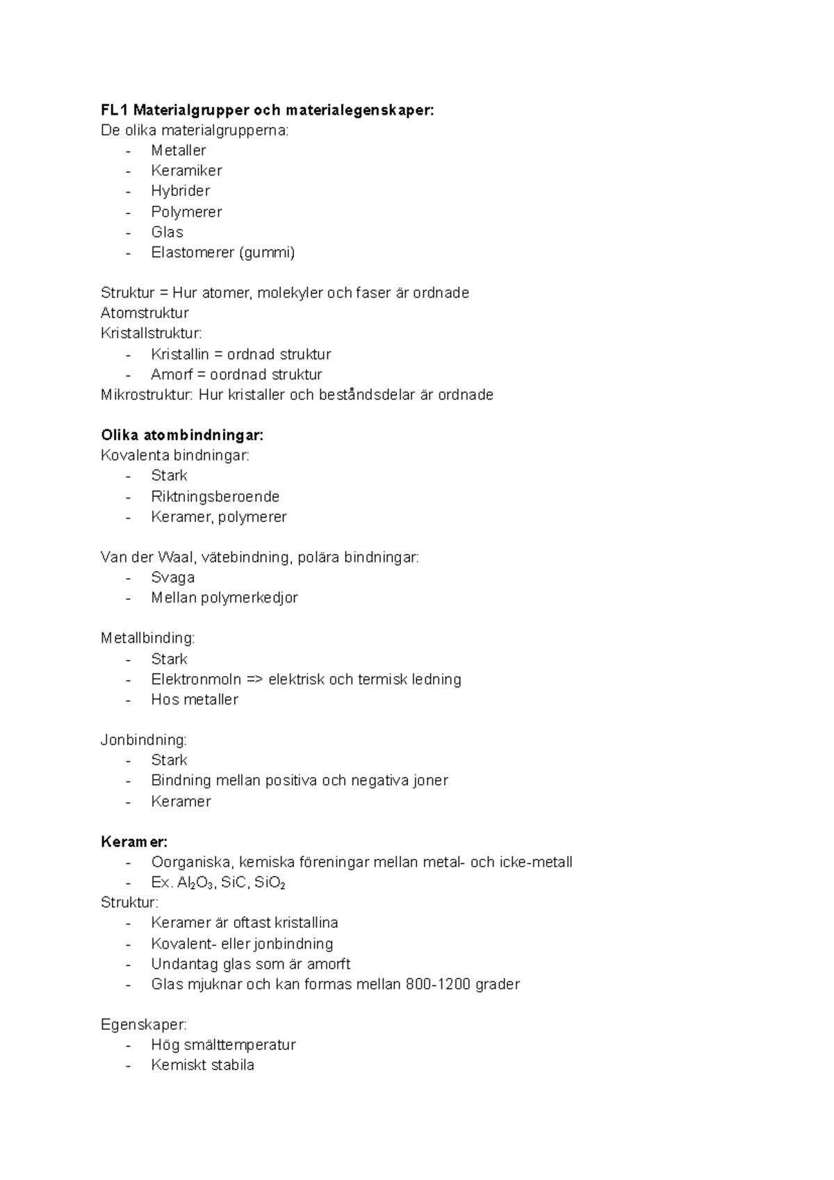 Sammanfattning Föreläsningar Material - FL1 Materialgrupper Och ...