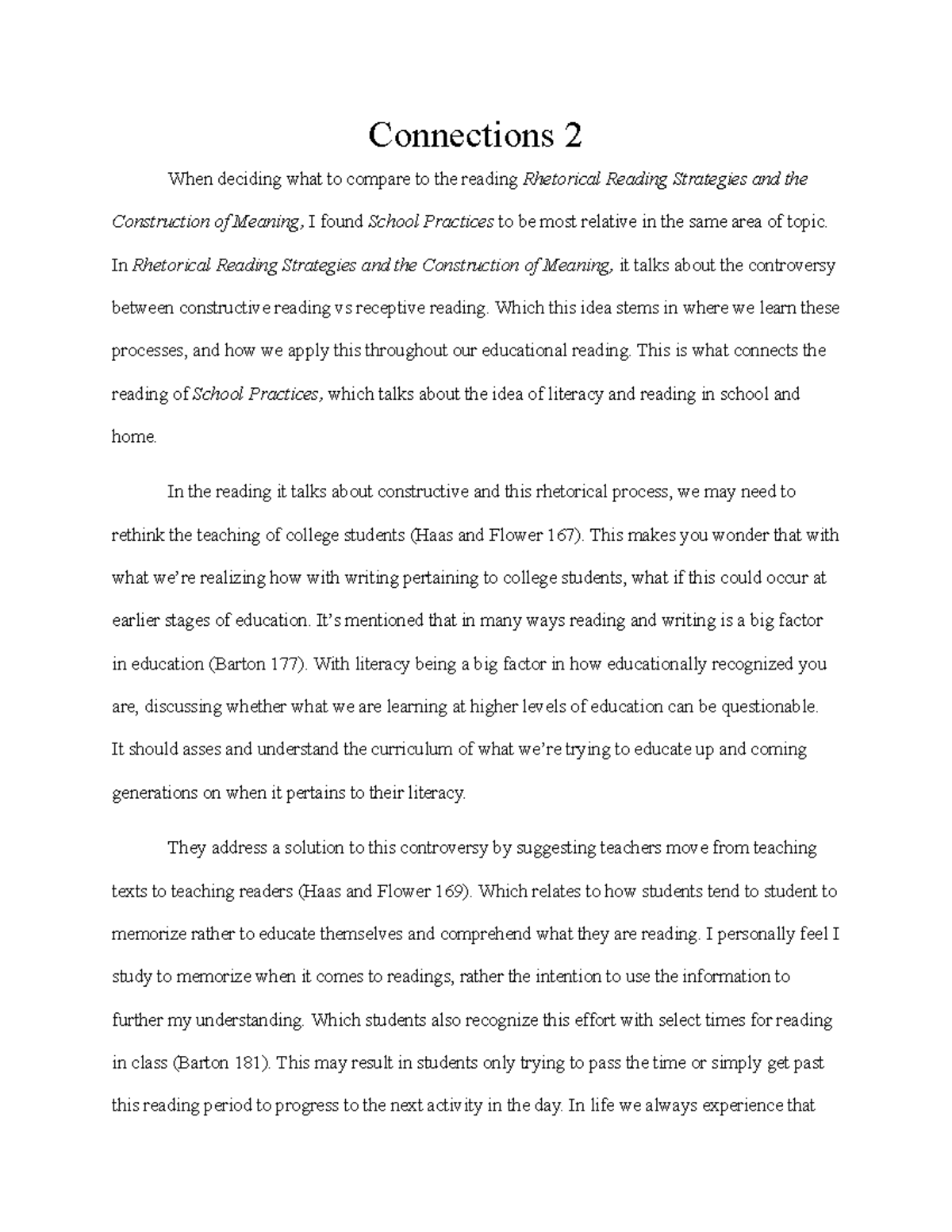 Connections 2 Essay comparing reading material required in the course