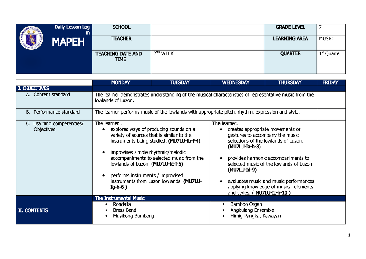 Q1 Grade 7 Music DLL Week 1 - Daily Lesson Log In MAPEH SCHOOL GRADE ...