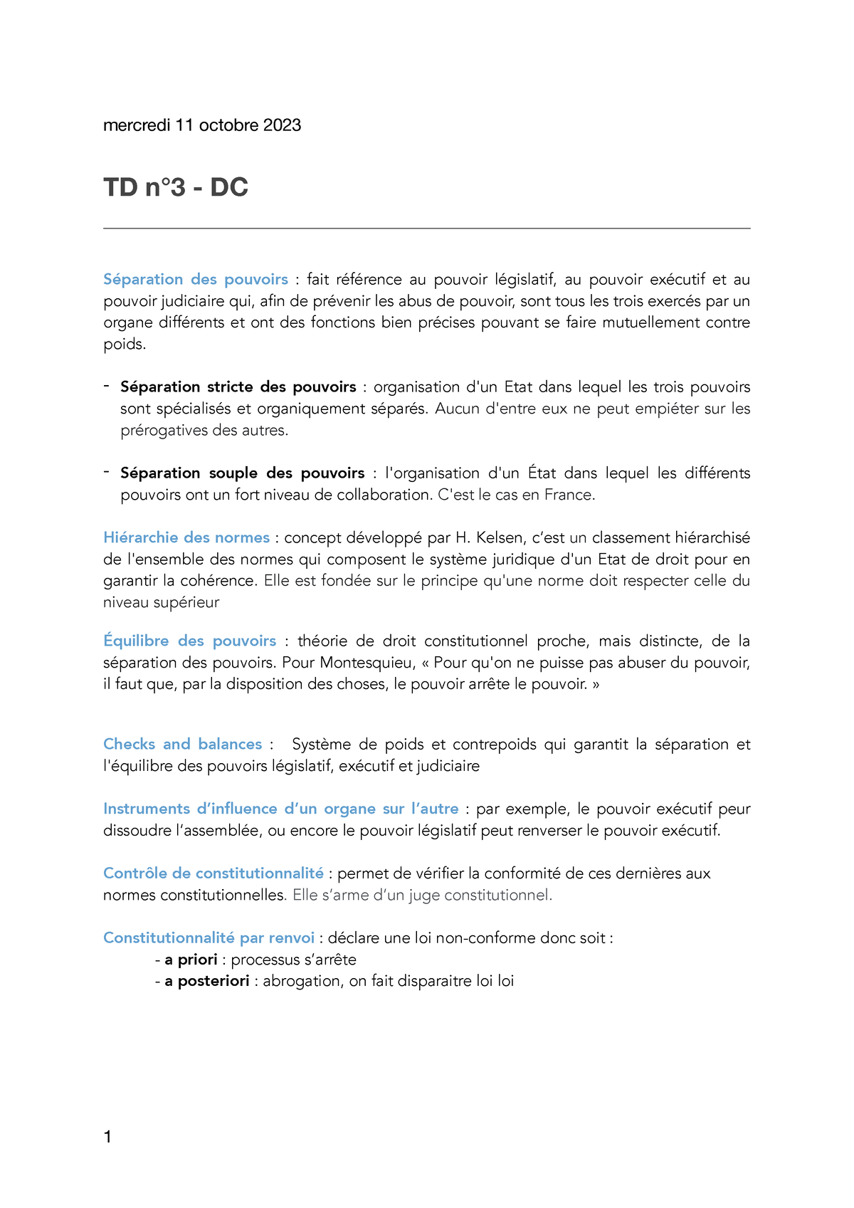 TD DC 2 - TD Droit Constitutionnel L1 - Mercredi 11 Octobre 2023 TD N°3 ...